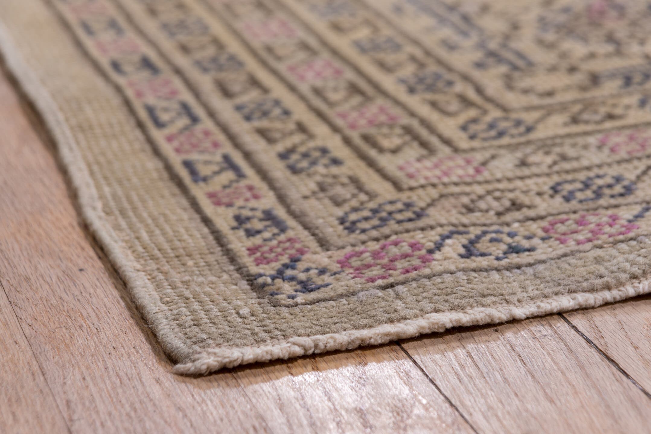 12' x 14' one-of-a-kind handmade antique Sivas oversize rug. Color palette: ivory, taupe, rose, slate, beige, gray, pink