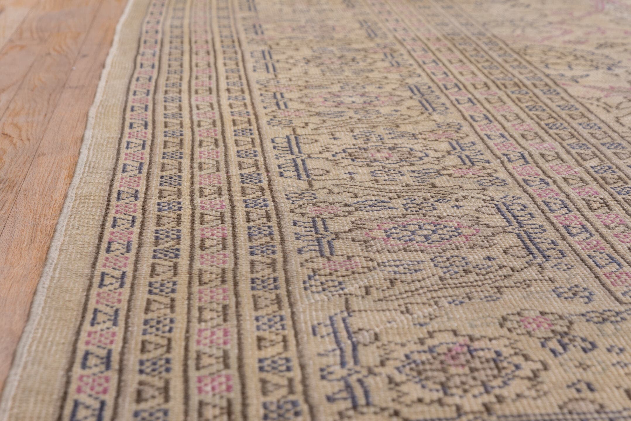 12' x 14' one-of-a-kind handmade antique Sivas oversize rug. Color palette: ivory, taupe, rose, slate, beige, gray, pink