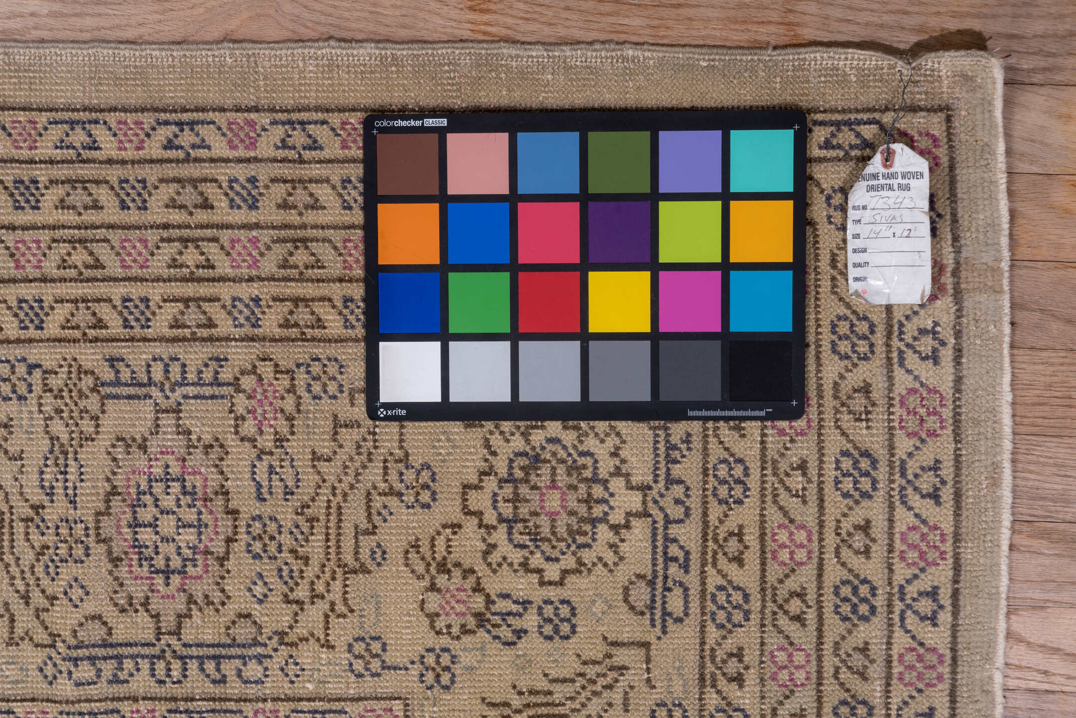 12' x 14' one-of-a-kind handmade antique Sivas oversize rug. Color palette: ivory, taupe, rose, slate, beige, gray, pink