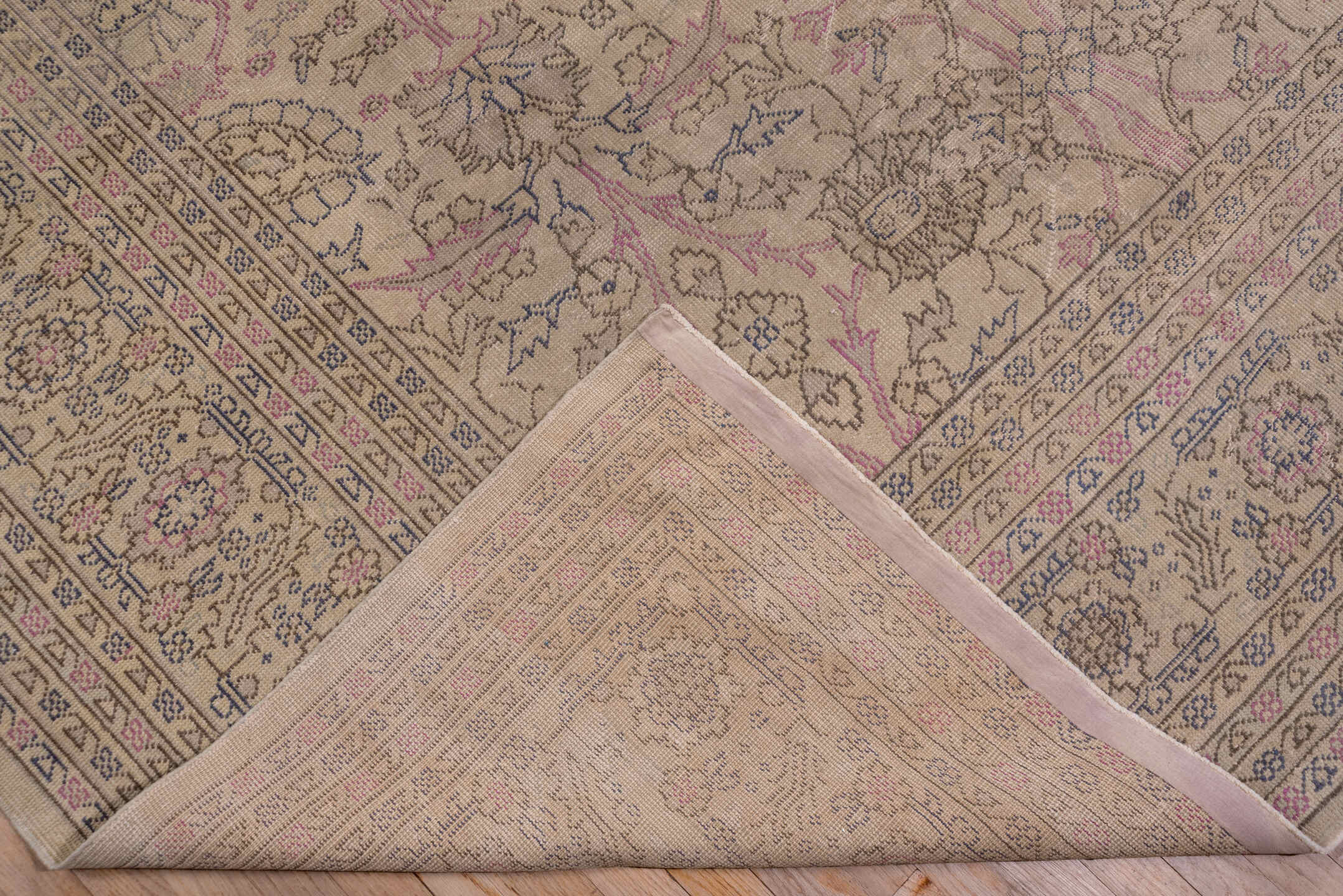 12' x 14' one-of-a-kind handmade antique Sivas oversize rug. Color palette: ivory, taupe, rose, slate, beige, gray, pink