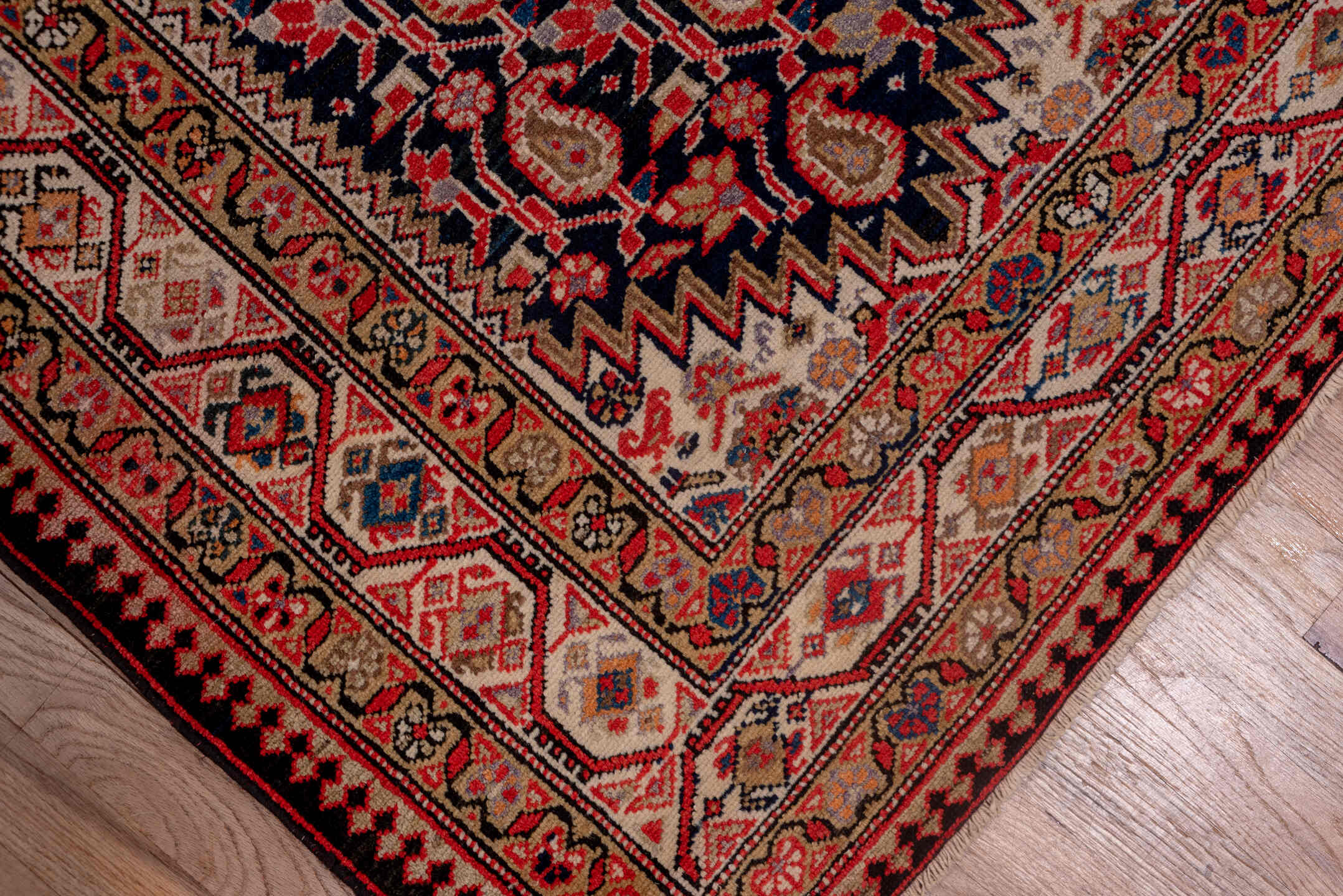 3' x 13' one-of-a-kind handmade vintage Malayer runner rug. Color palette: brown, gray, pink, red