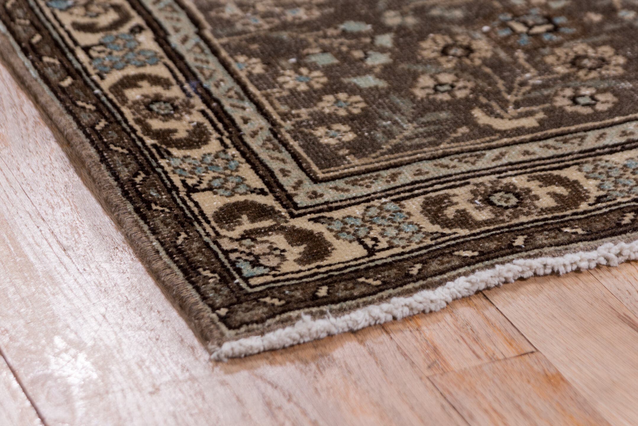 8' x 10' one-of-a-kind handmade antique Sivas large size rug. Color palette: brown, taupe, ivory, slate, pale blue, charcoal