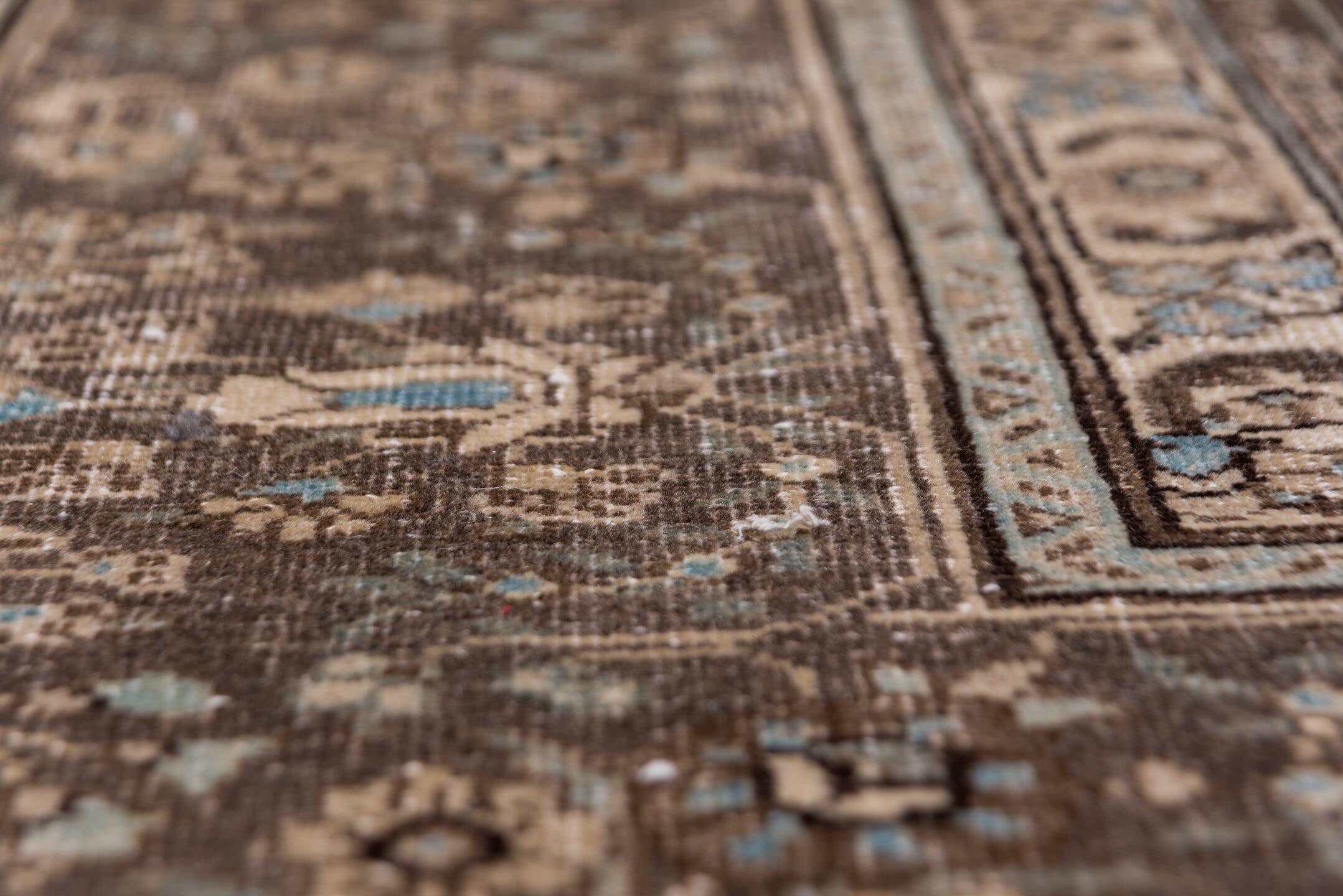 8' x 10' one-of-a-kind handmade antique Sivas large size rug. Color palette: brown, taupe, ivory, slate, pale blue, charcoal