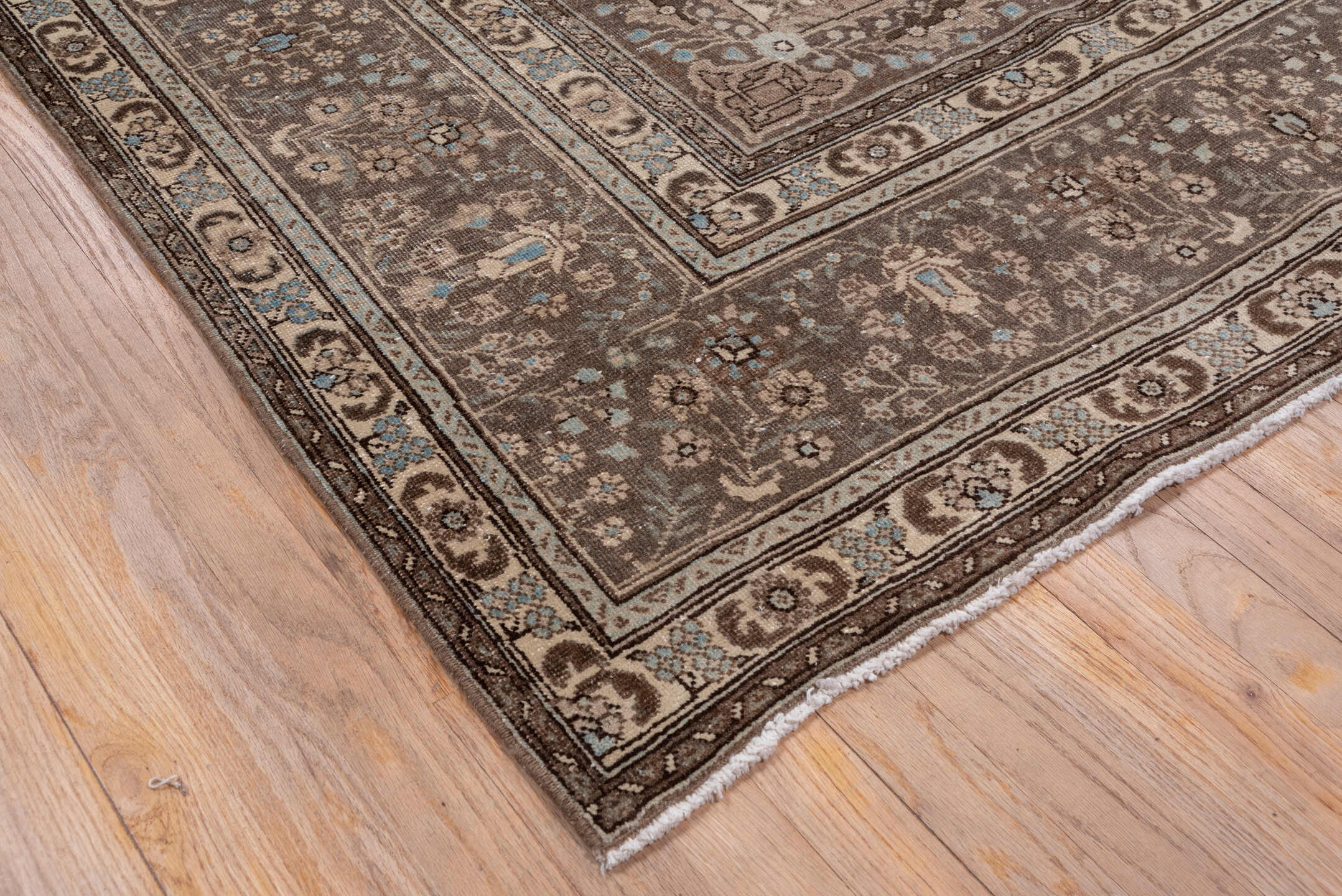 8' x 10' one-of-a-kind handmade antique Sivas large size rug. Color palette: brown, taupe, ivory, slate, pale blue, charcoal