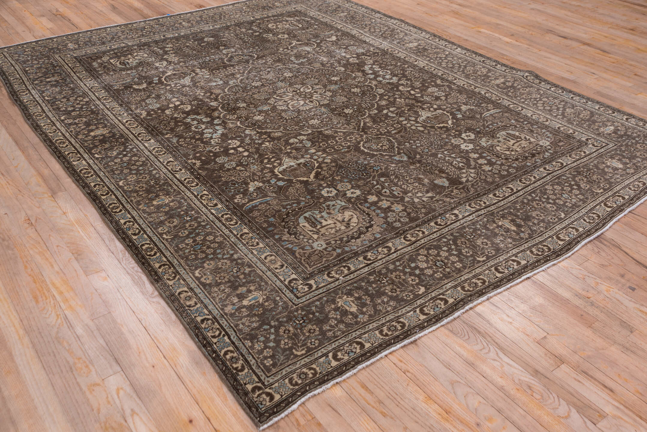 8' x 10' one-of-a-kind handmade antique Sivas large size rug. Color palette: brown, taupe, ivory, slate, pale blue, charcoal