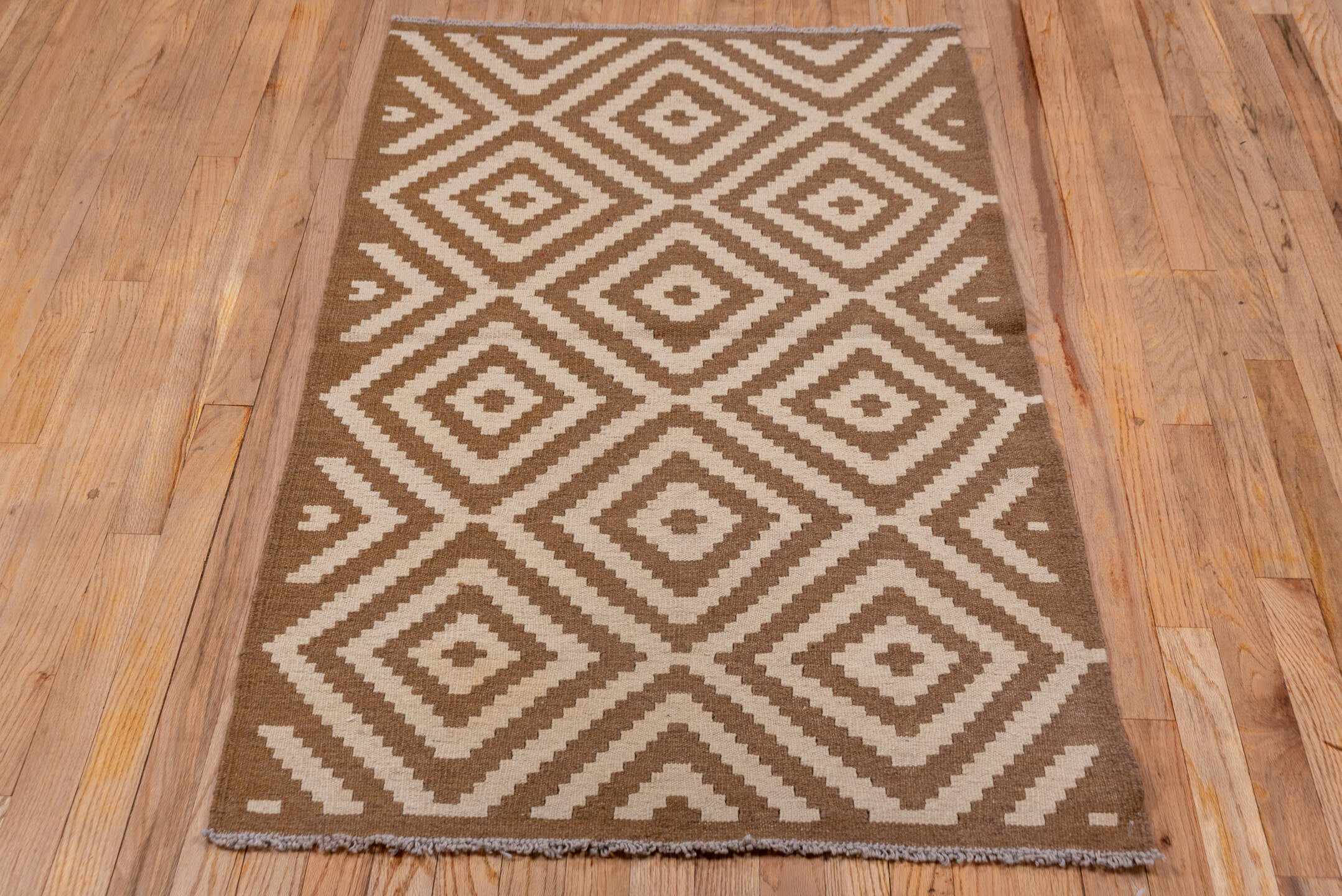 3' x 5' one-of-a-kind handmade vintage Kilim small size rug. Color palette: brown, gray, light gray, off-white, pink, snow