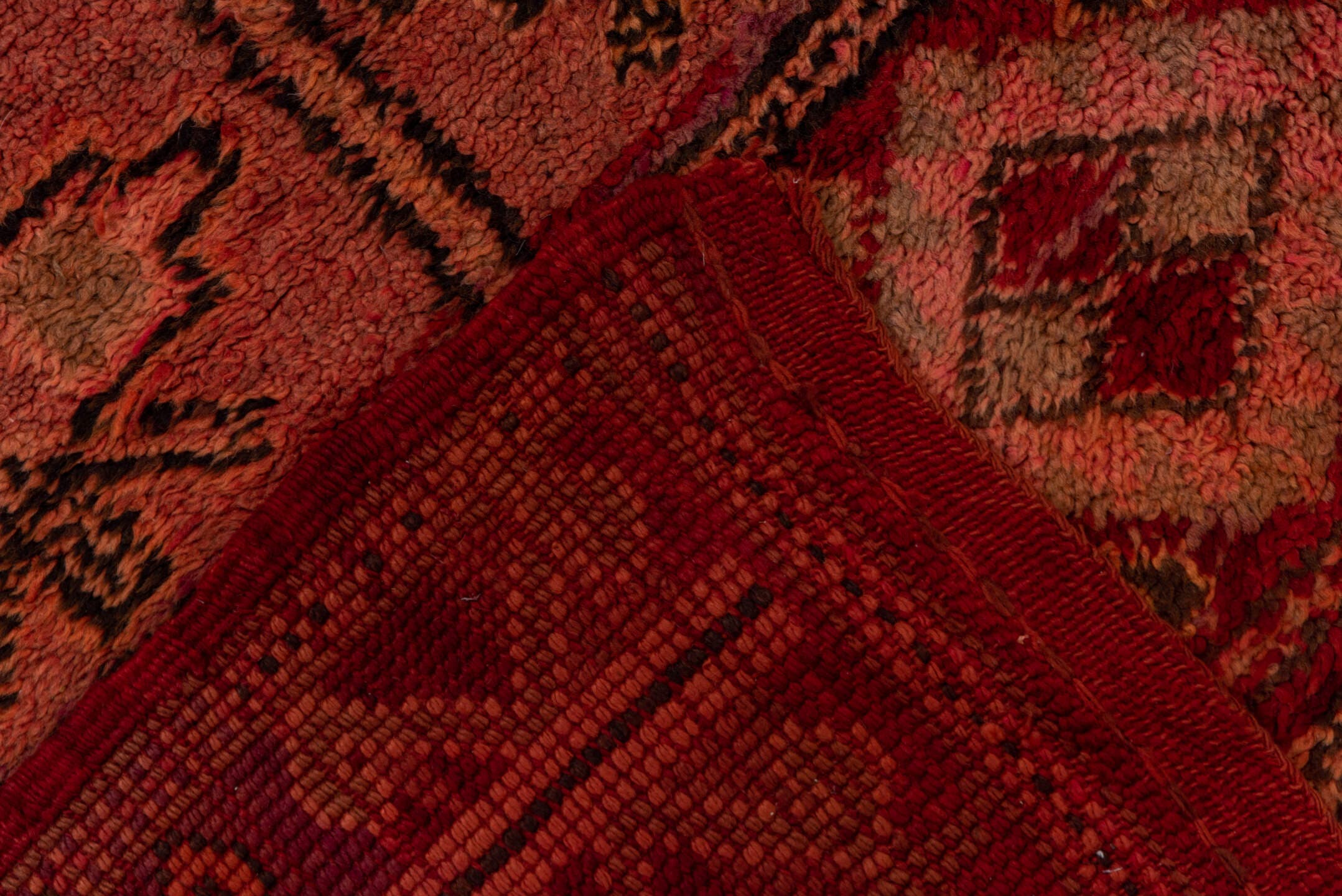 5' x 9' one-of-a-kind handmade vintage Moroccan medium size rug. Color palette: rust, rose, blush, burgundy, muted gold