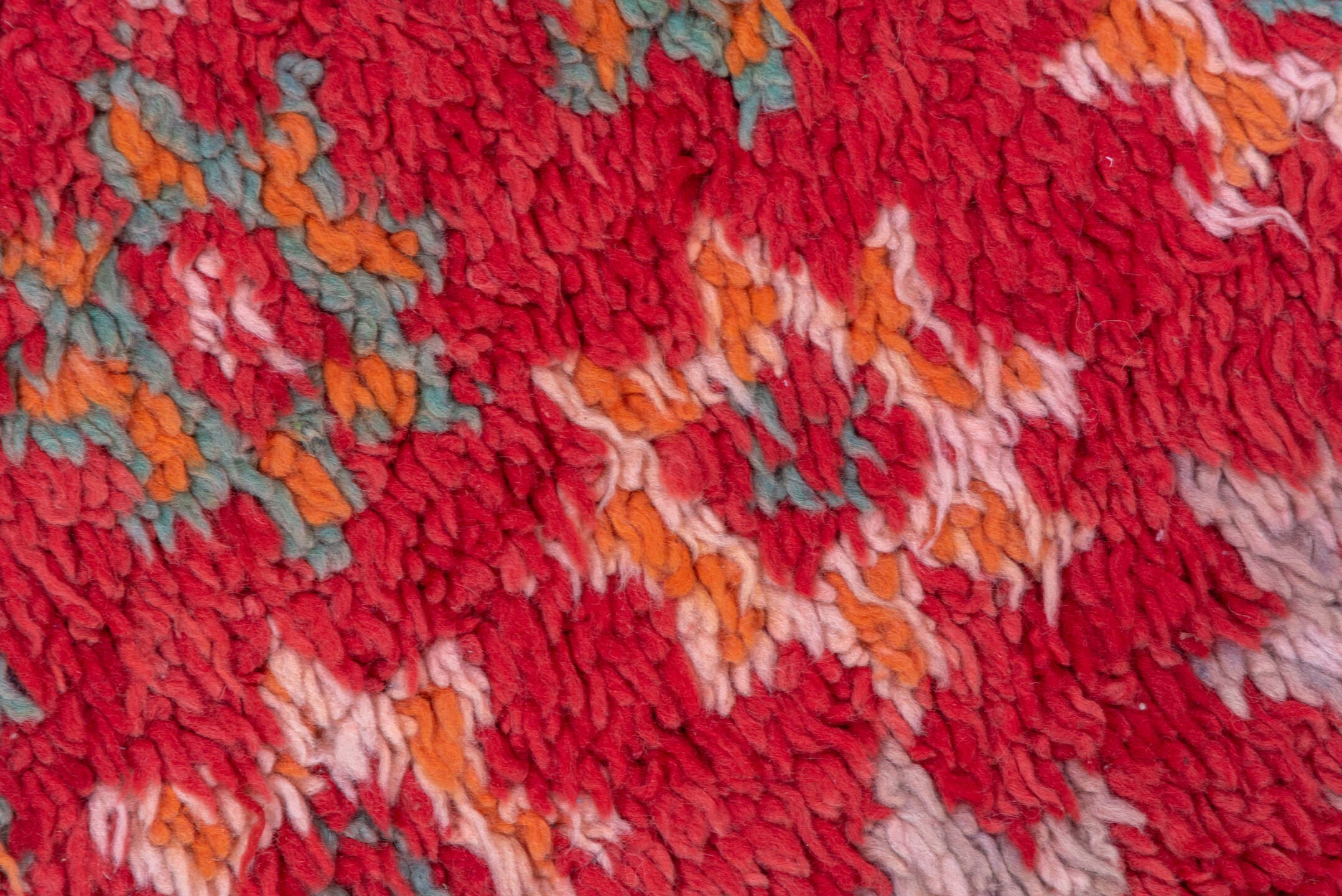 6' x 9' one-of-a-kind handmade vintage Moroccan medium size rug. Color palette: rose, coral, ivory, blush, charcoal, sage