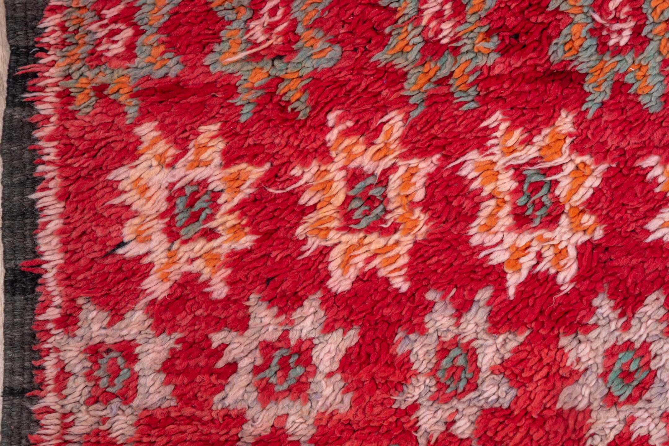 6' x 9' one-of-a-kind handmade vintage Moroccan medium size rug. Color palette: rose, coral, ivory, blush, charcoal, sage