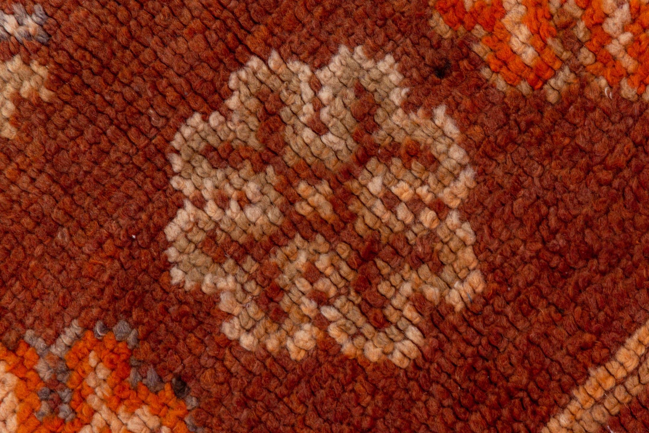 5' x 12' one-of-a-kind handmade vintage Moroccan rug. Color palette: rust, terra cotta, ivory, brown, camel, slate