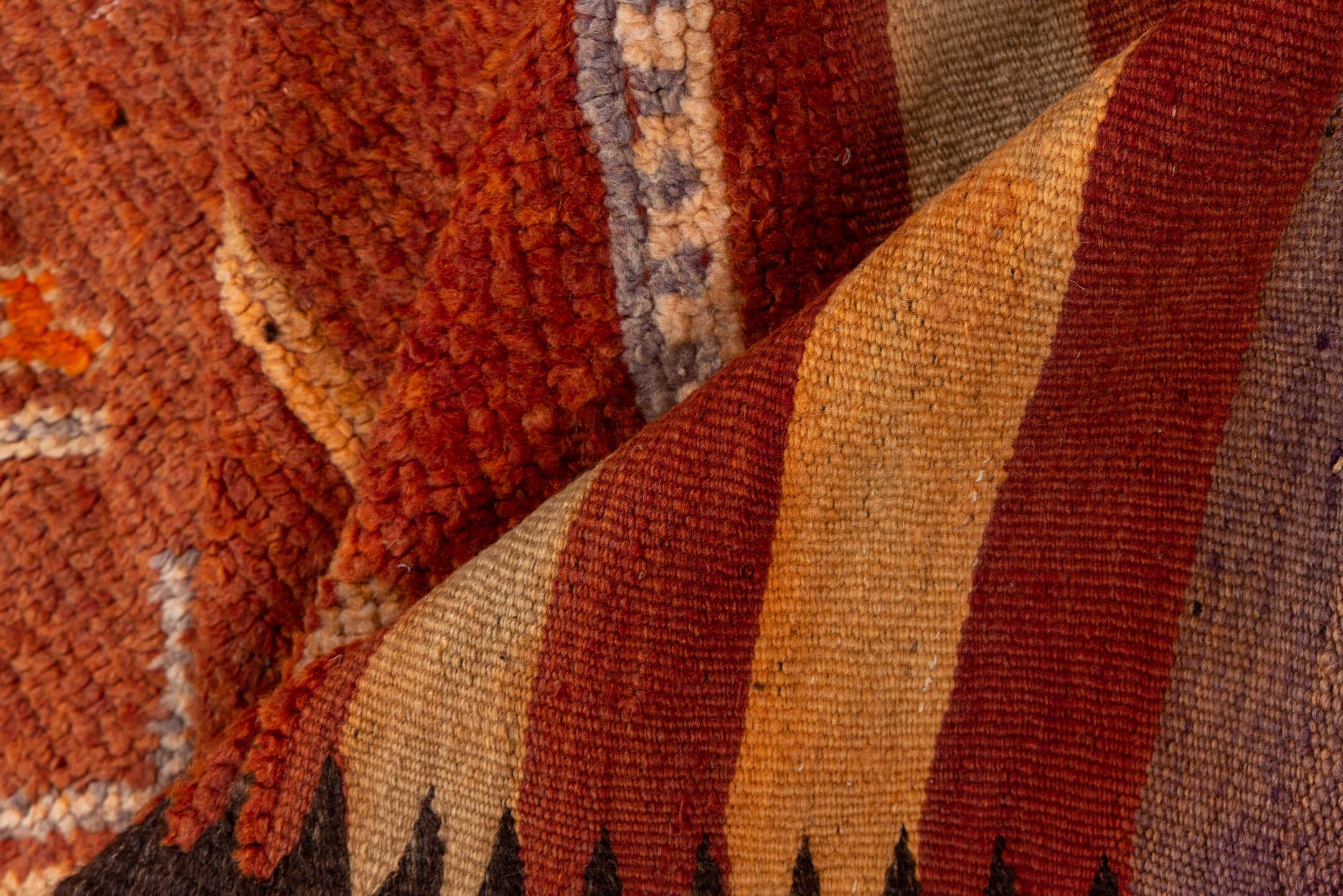 5' x 12' one-of-a-kind handmade vintage Moroccan rug. Color palette: rust, terra cotta, ivory, brown, camel, slate