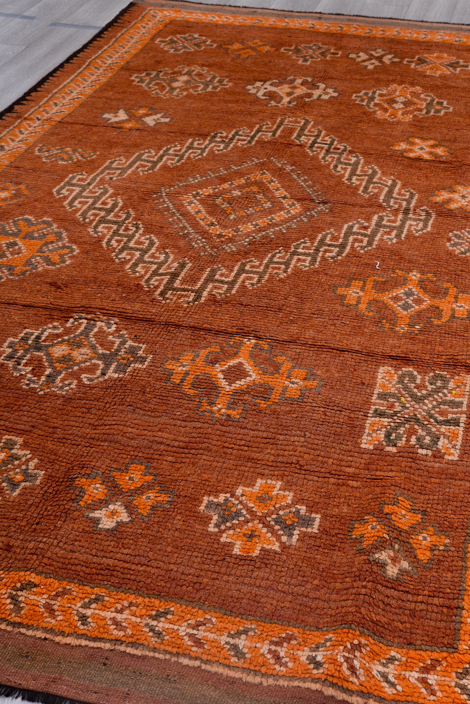 6' x 11' one-of-a-kind handmade vintage Moroccan large size rug. Color palette: rust, terra cotta, camel, ivory, charcoal