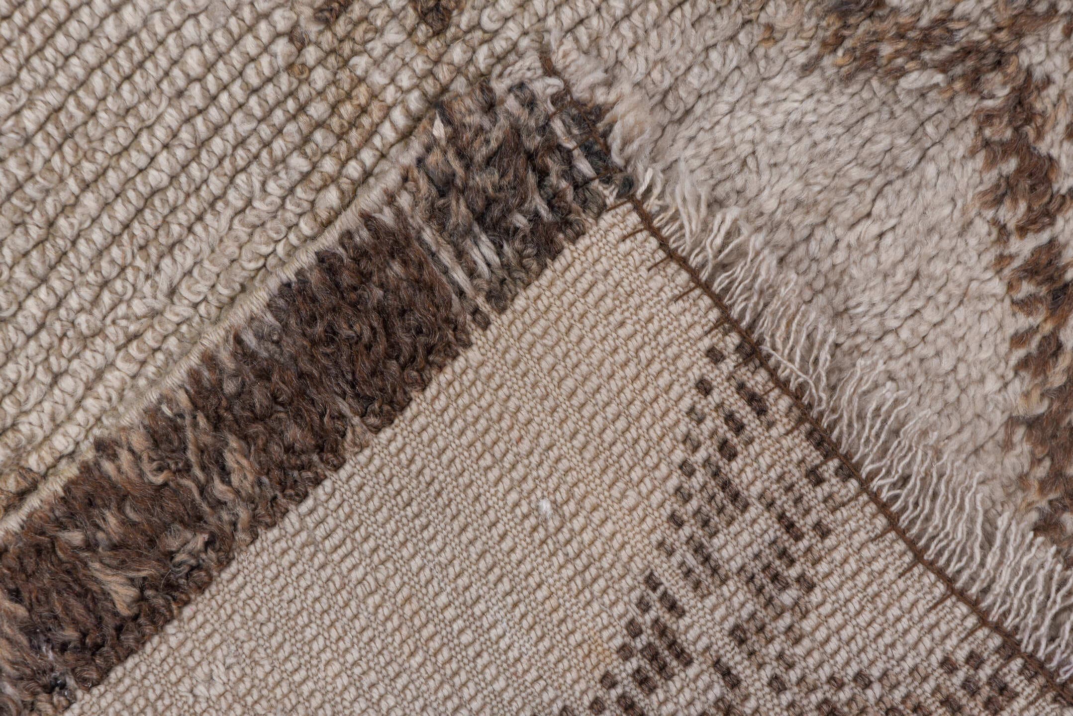 6' x 12' one-of-a-kind handmade vintage Moroccan large size rug. Color palette: ivory, taupe, camel, brown, beige, gray