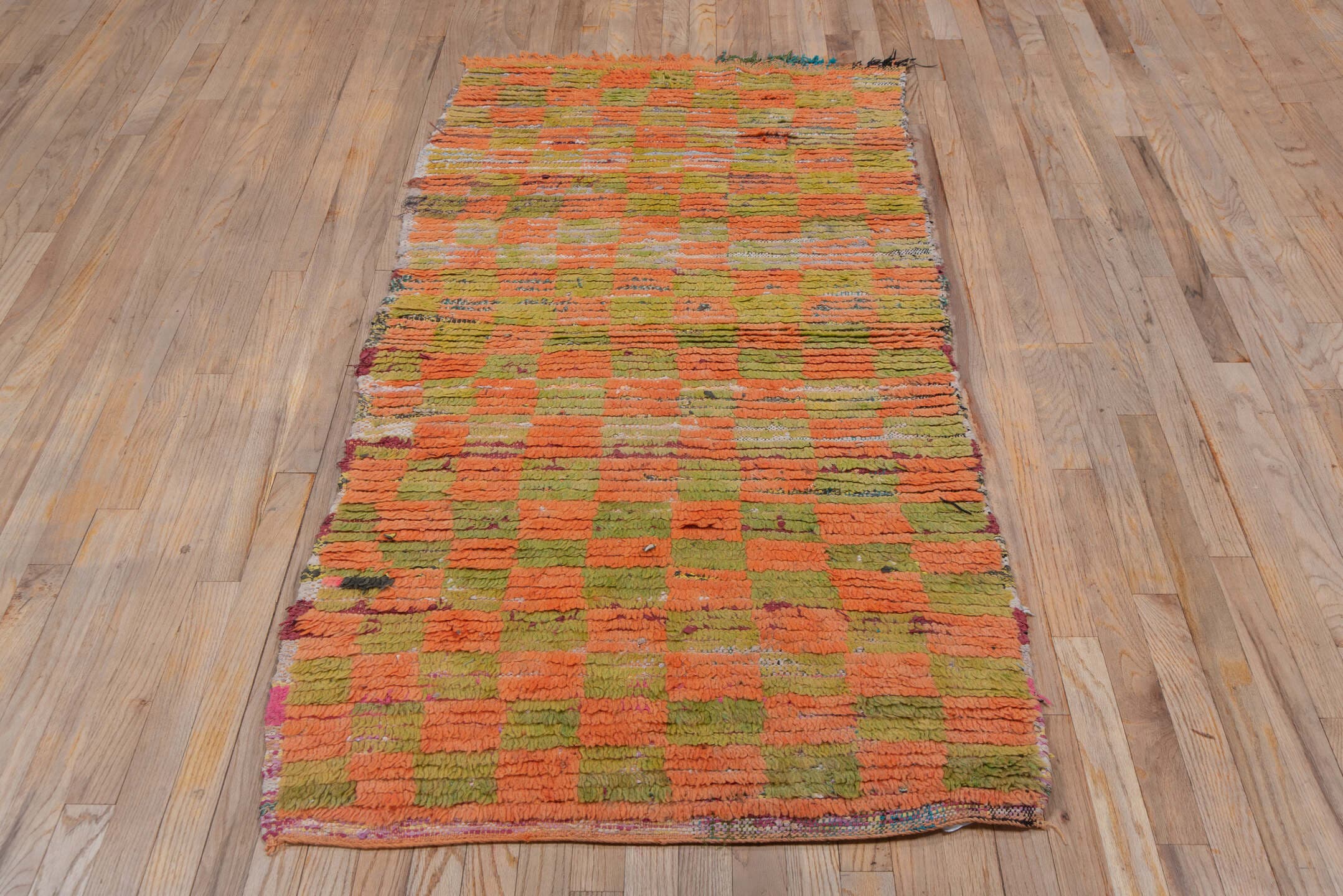2' x 6' one-of-a-kind handmade vintage Moroccan runner rug. Color palette: terra cotta, olive, peach, ivory, burgundy
