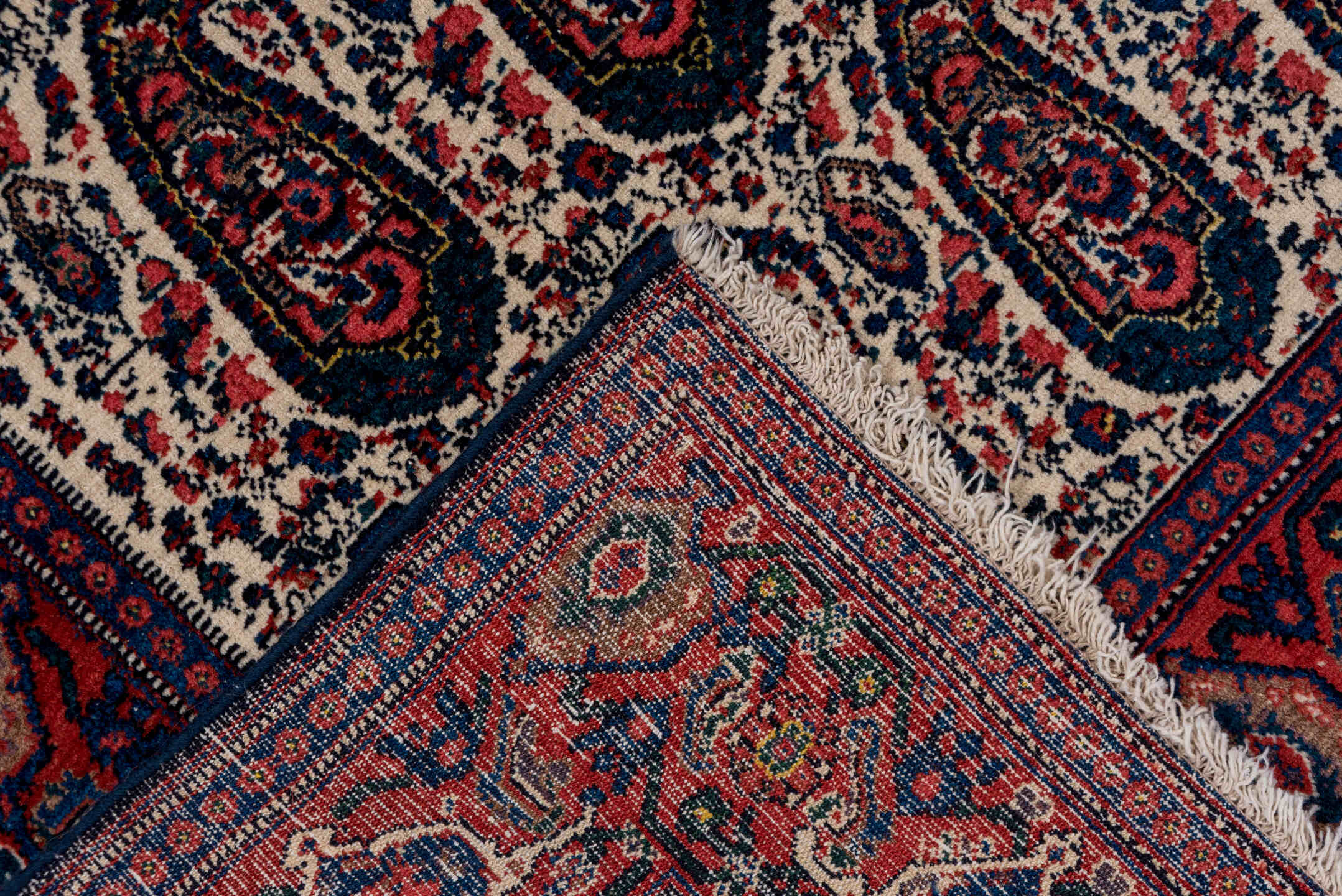 4' x 6' one-of-a-kind handmade antique Senne small size rug. Color palette: ivory, rust, navy, crimson, indigo, camel
