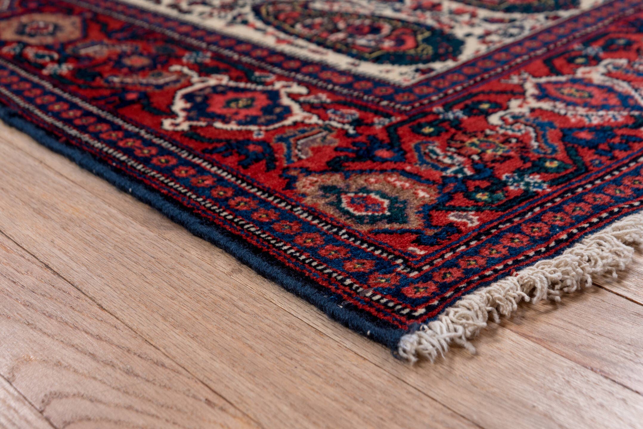 4' x 6' one-of-a-kind handmade antique Senne small size rug. Color palette: ivory, rust, navy, crimson, indigo, camel
