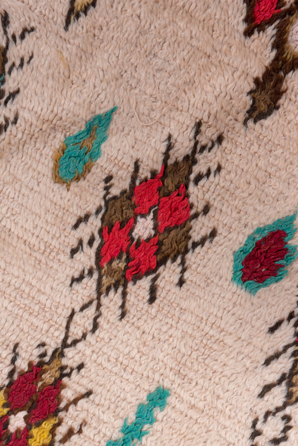 3' x 7' one-of-a-kind handmade vintage Moroccan rug. Color palette: ivory, crimson, turquoise, brown, gold, taupe, red, teal