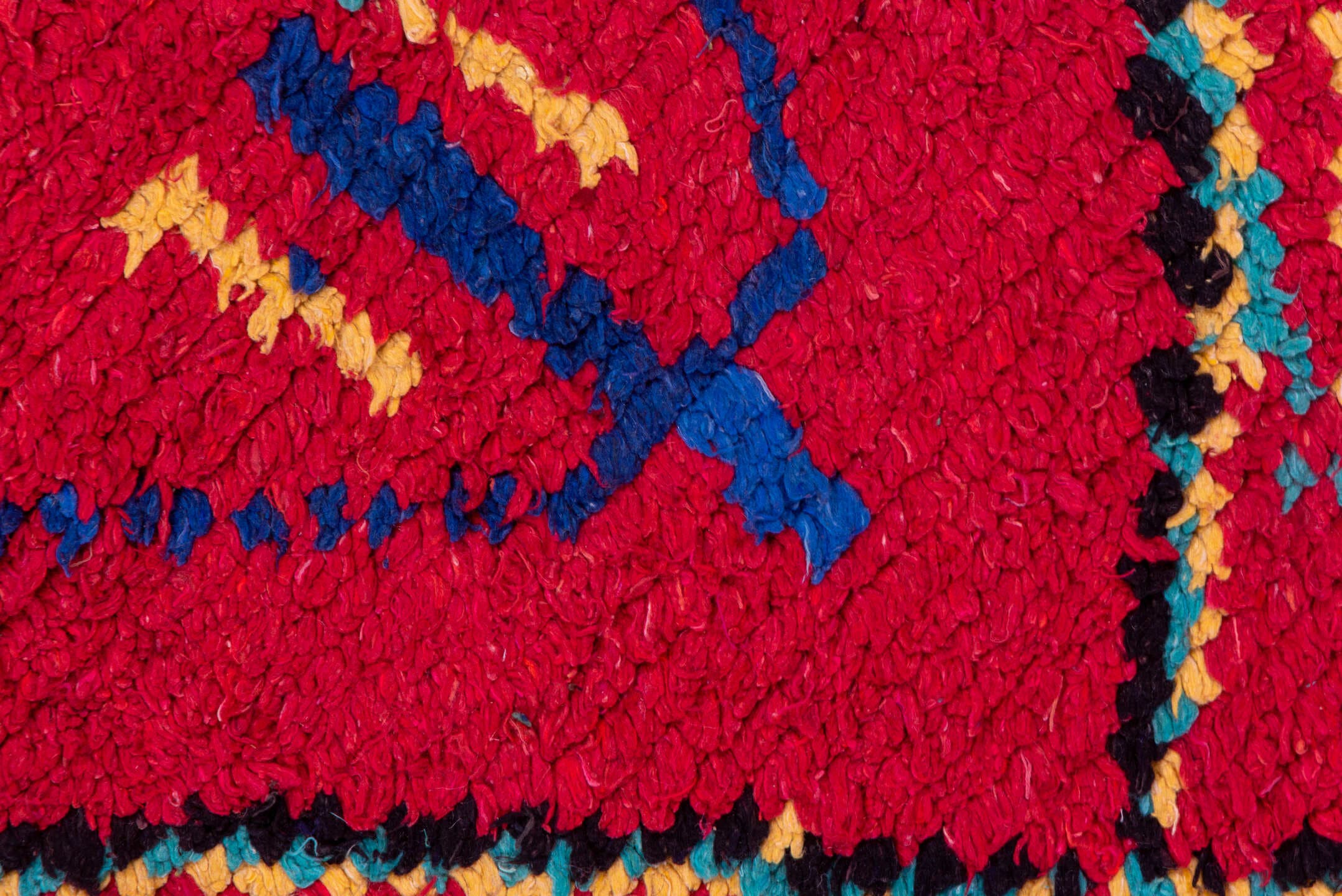3' x 6' one-of-a-kind handmade vintage Moroccan small size rug. Color palette: coral, turquoise, cobalt, black, ivory, rose