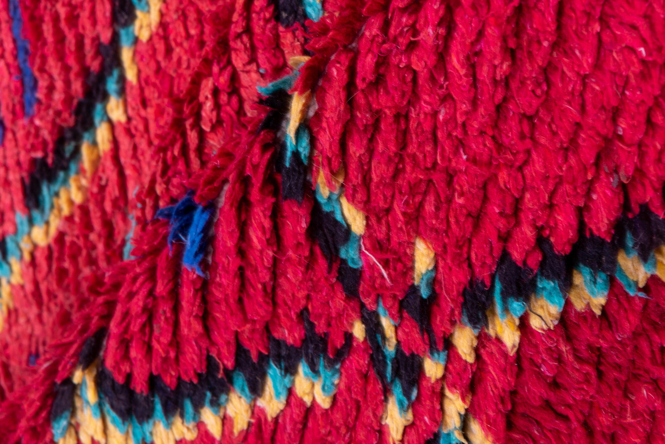 3' x 6' one-of-a-kind handmade vintage Moroccan small size rug. Color palette: coral, turquoise, cobalt, black, ivory, rose