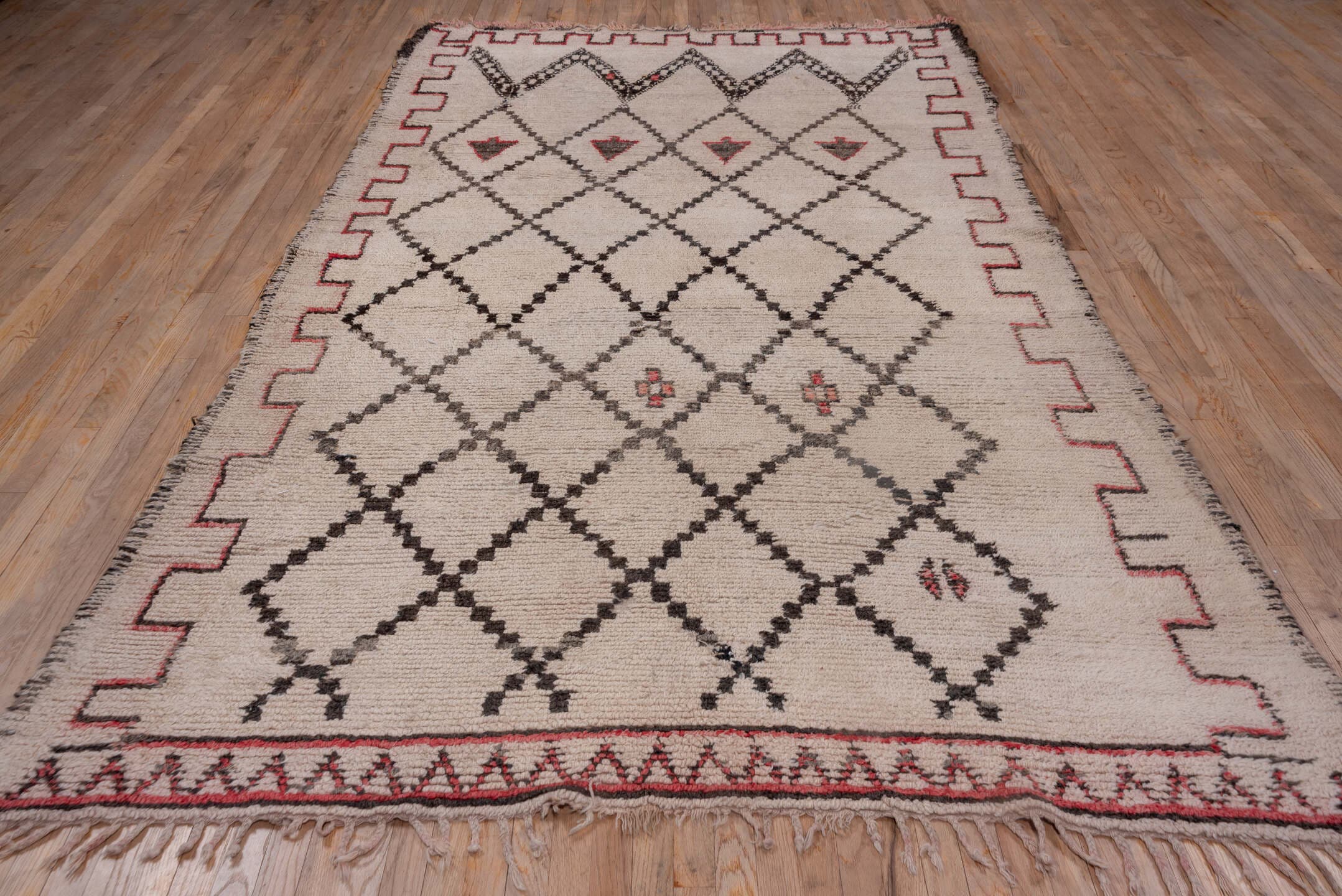 6' x 11' one-of-a-kind handmade vintage Moroccan large size rug. Color palette: ivory, charcoal, red, rose, taupe, gray