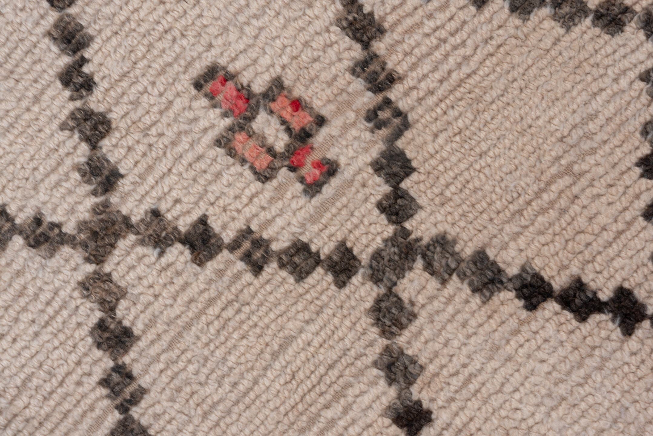 6' x 11' one-of-a-kind handmade vintage Moroccan large size rug. Color palette: ivory, charcoal, red, rose, taupe, gray
