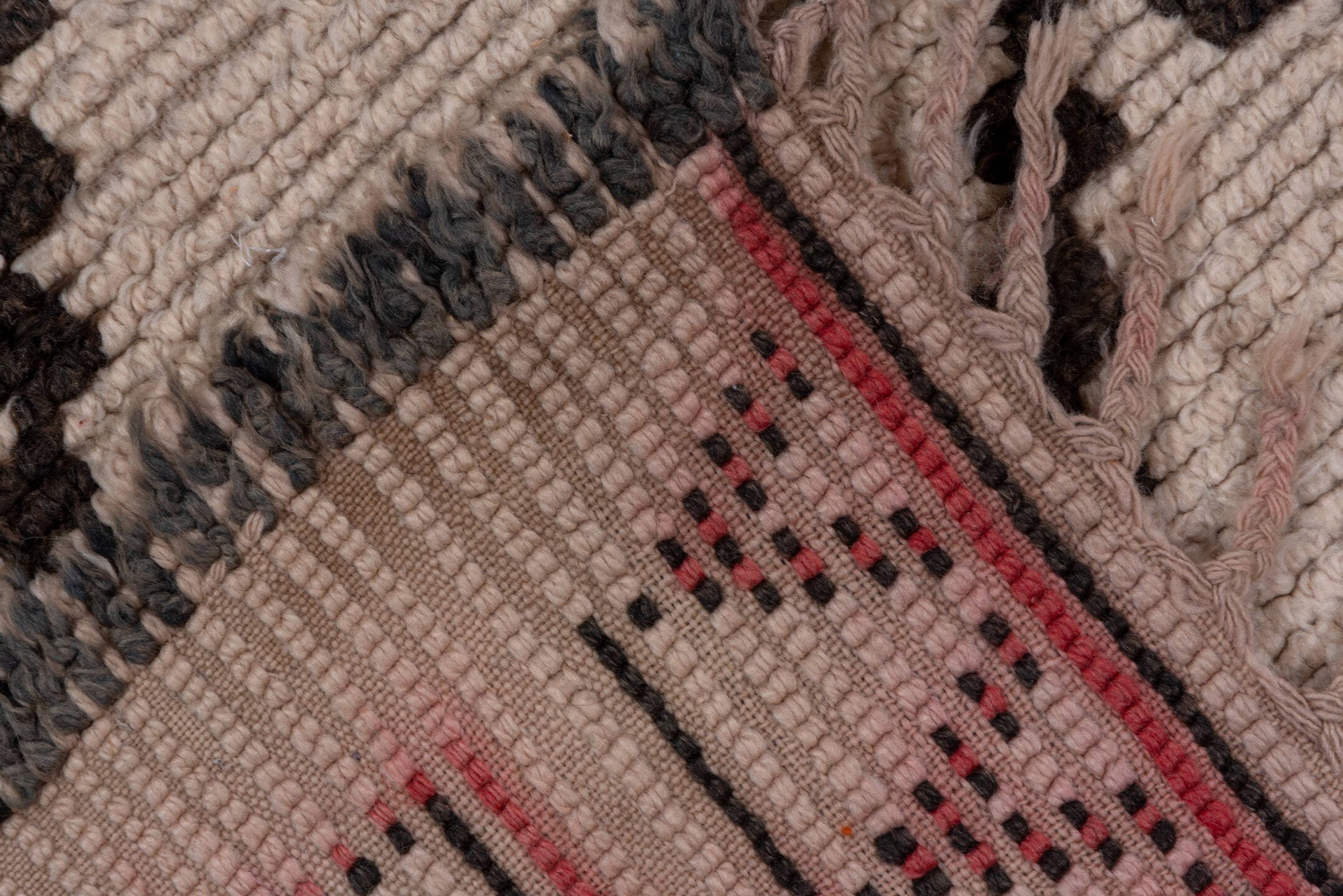 6' x 11' one-of-a-kind handmade vintage Moroccan large size rug. Color palette: ivory, charcoal, red, rose, taupe, gray