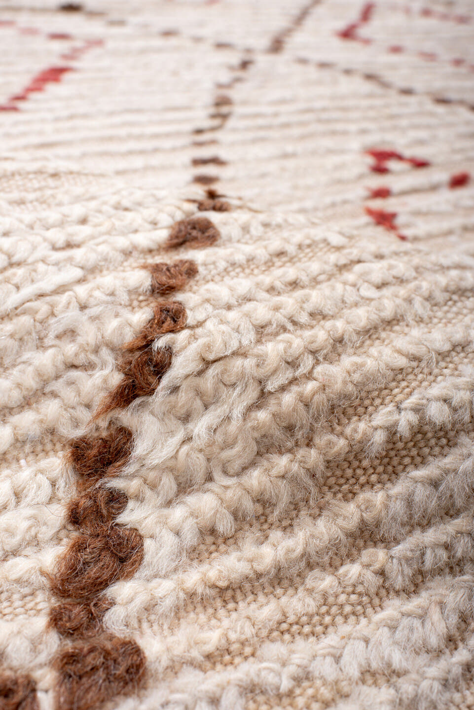 5' x 10' one-of-a-kind handmade vintage Moroccan medium size rug. Color palette: ivory, brown, red, aqua, cream, teal