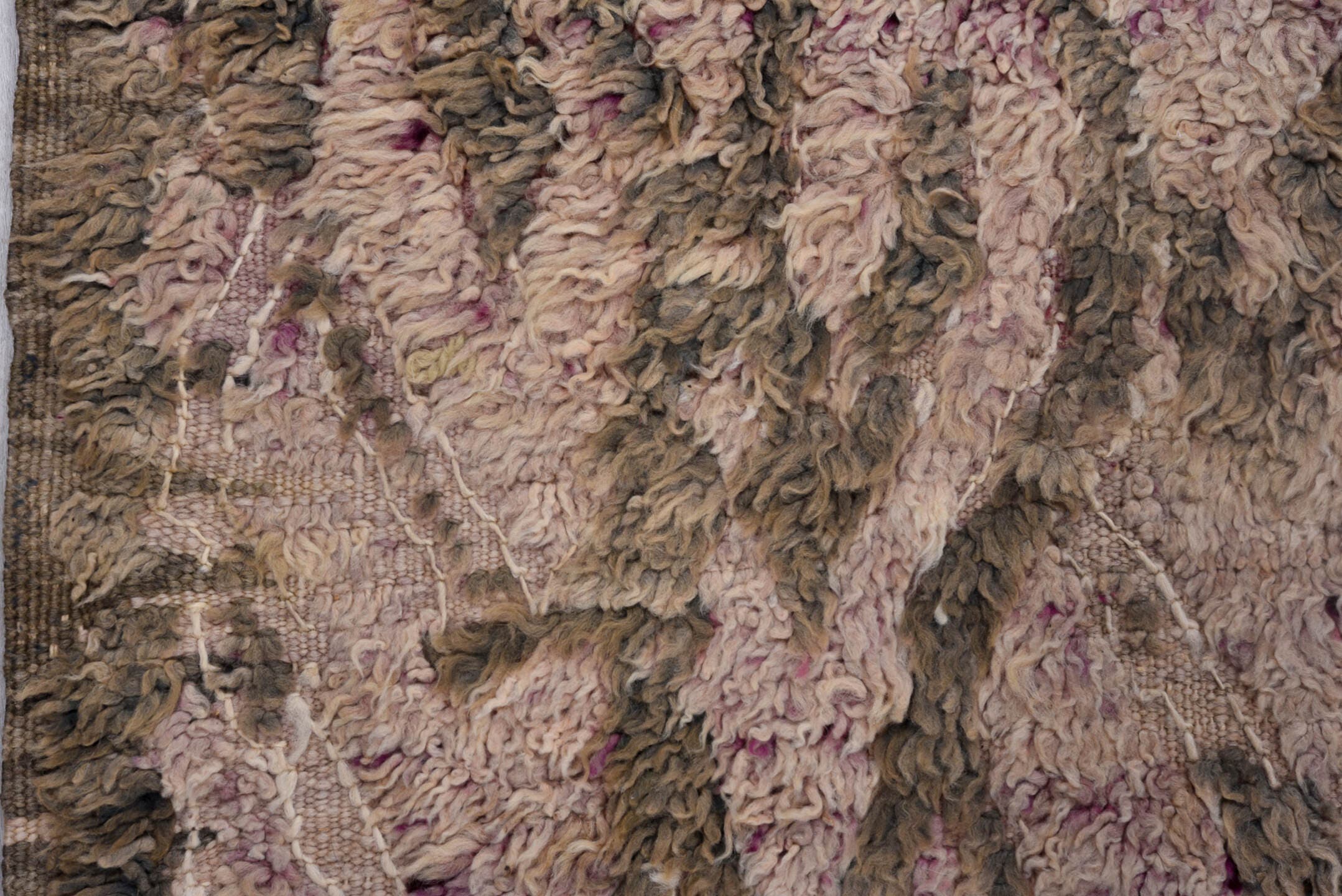 5' x 10' one-of-a-kind handmade vintage Moroccan medium size rug. Color palette: ivory, taupe, brown, blush, mauve, beige