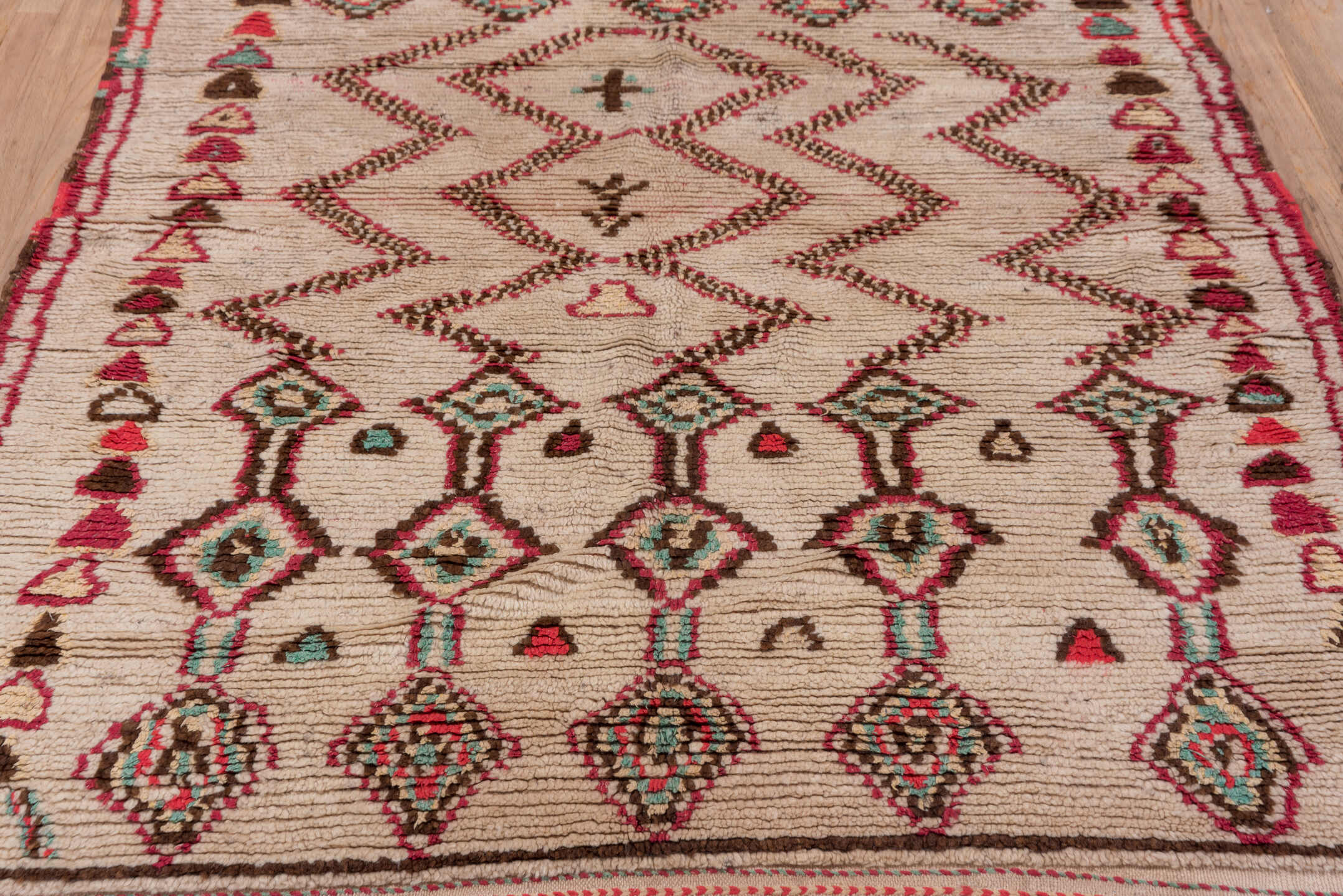 4' x 6' one-of-a-kind handmade vintage Moroccan small size rug. Color palette: ivory, crimson, brown, turquoise, rose, camel