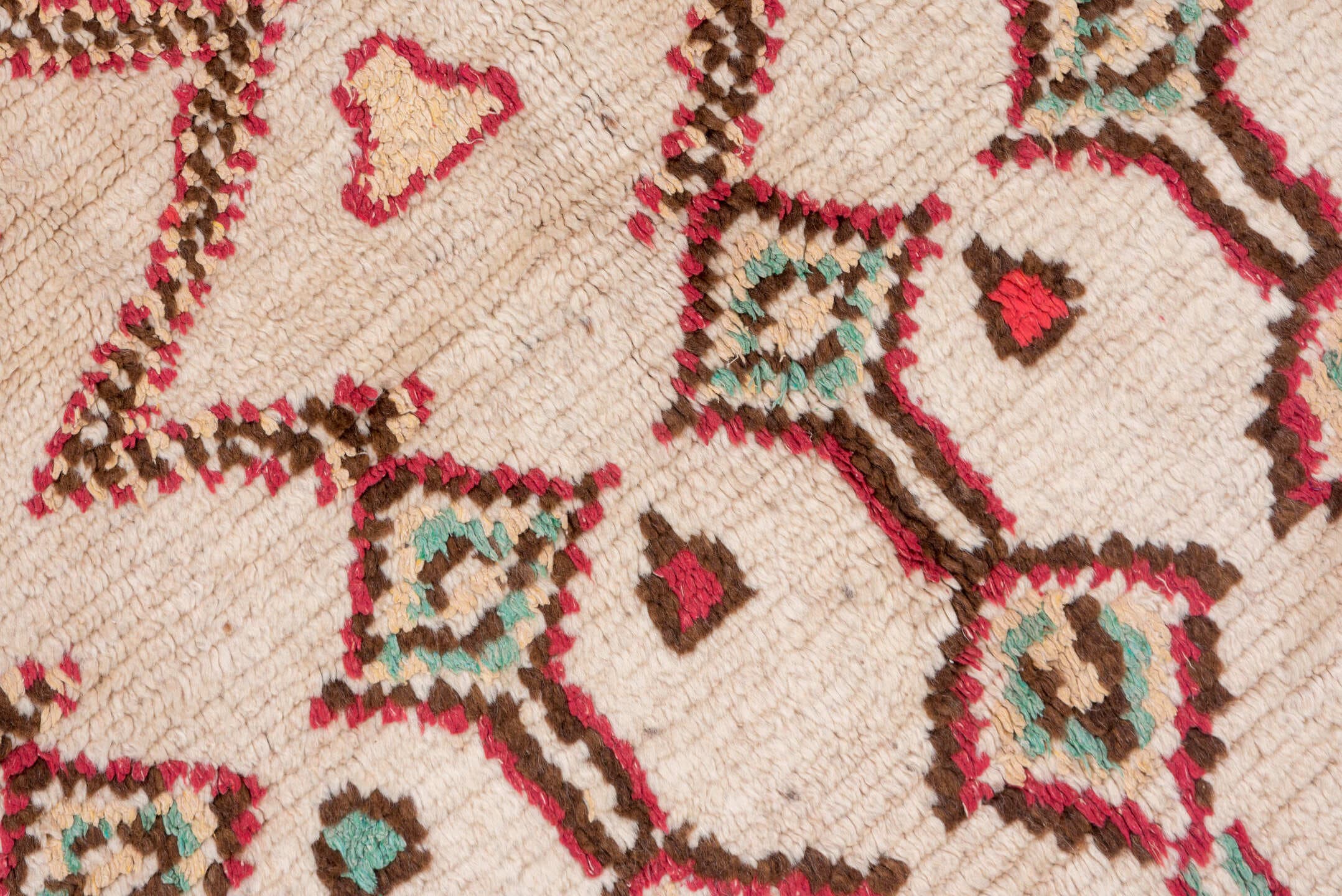 4' x 6' one-of-a-kind handmade vintage Moroccan small size rug. Color palette: ivory, crimson, brown, turquoise, rose, camel