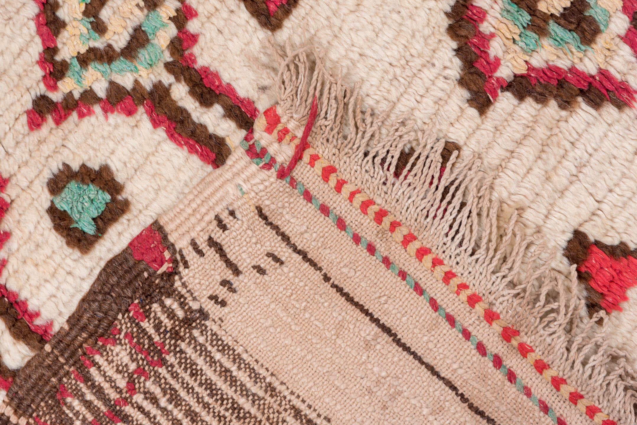 4' x 6' one-of-a-kind handmade vintage Moroccan small size rug. Color palette: ivory, crimson, brown, turquoise, rose, camel