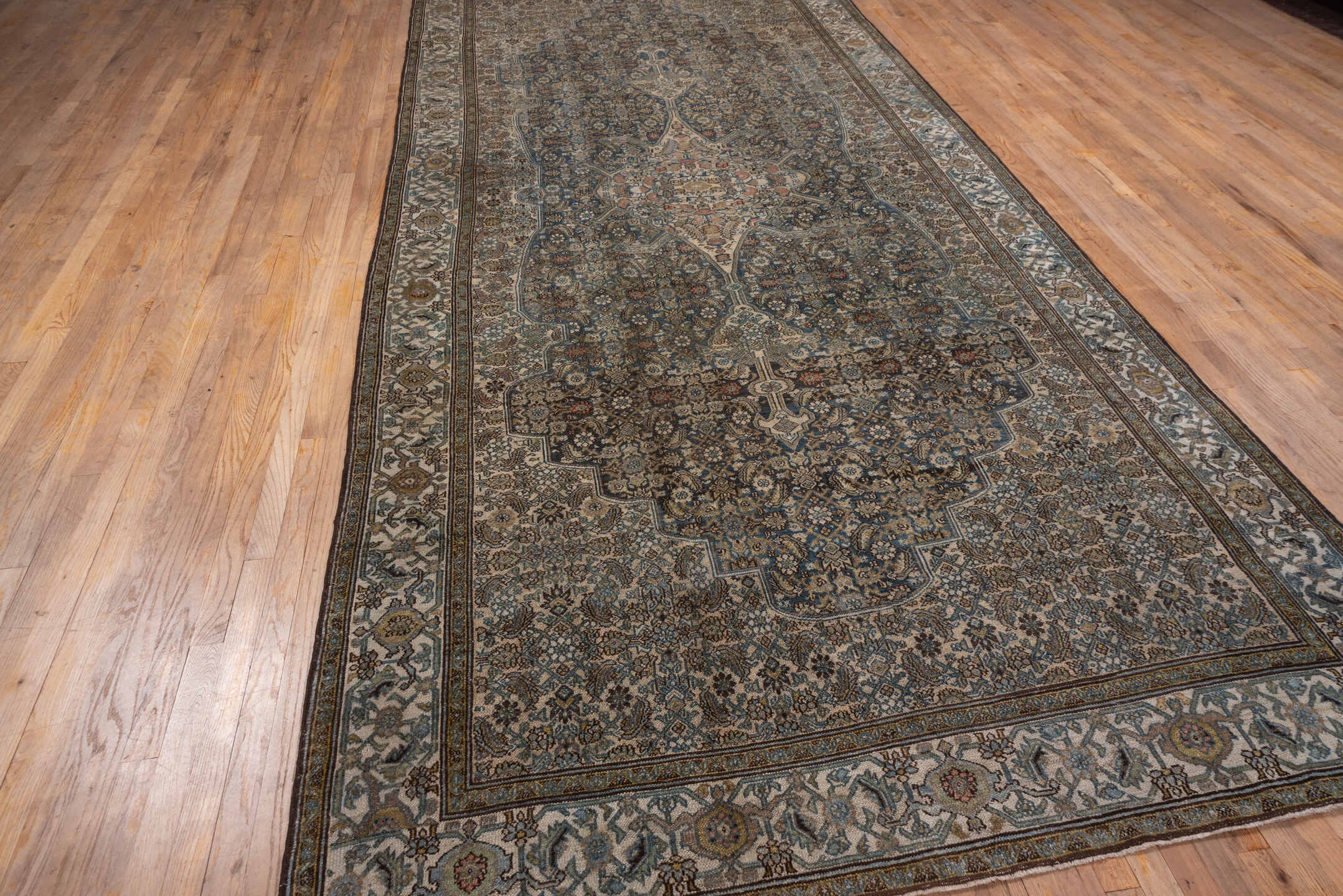 6' x 15' one-of-a-kind handmade antique Malayer rug. Color palette: taupe, blue, ivory, camel, rust, sage, brown, beige