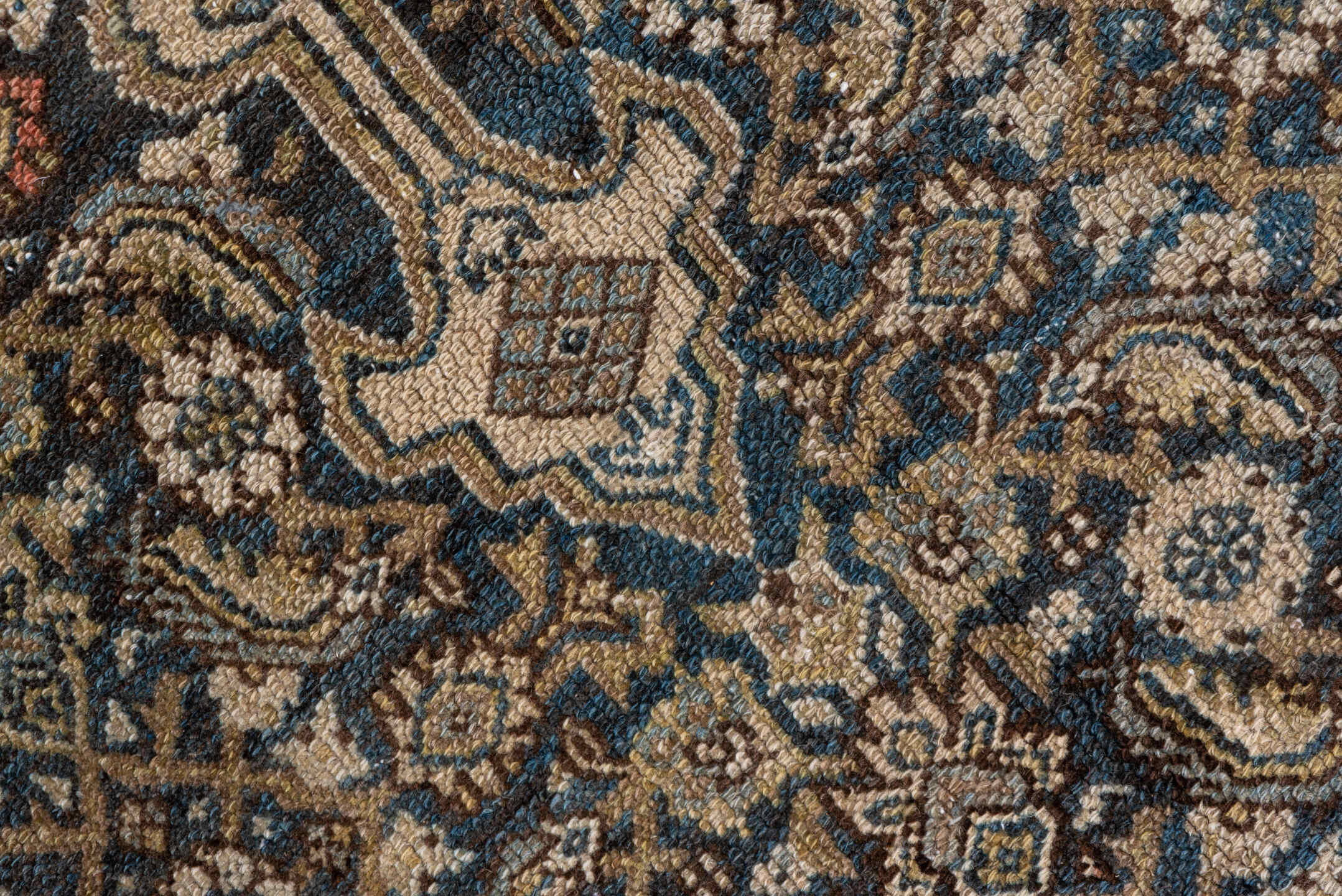6' x 15' one-of-a-kind handmade antique Malayer rug. Color palette: taupe, blue, ivory, camel, rust, sage, brown, beige