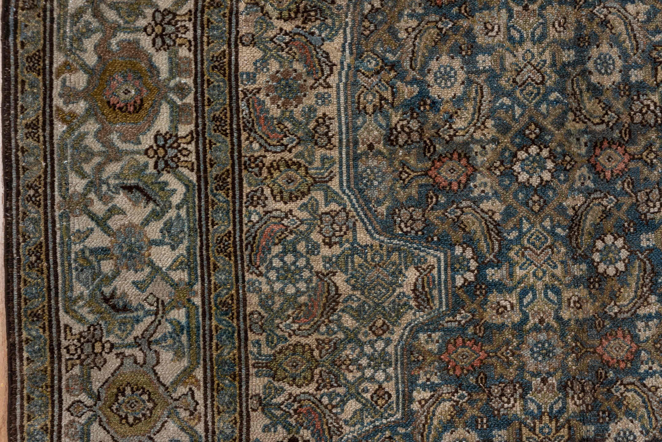 6' x 15' one-of-a-kind handmade antique Malayer rug. Color palette: taupe, blue, ivory, camel, rust, sage, brown, beige