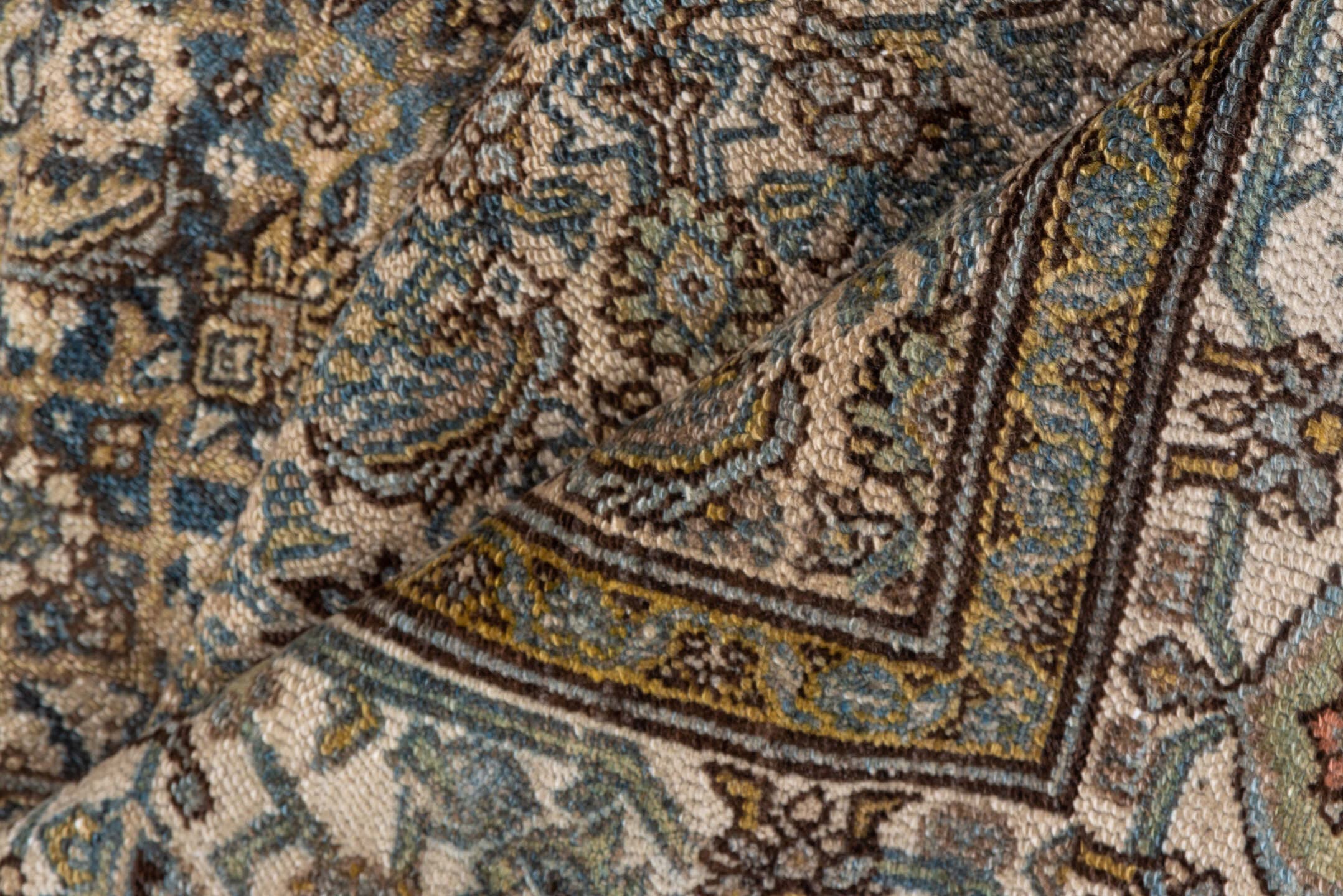 6' x 15' one-of-a-kind handmade antique Malayer rug. Color palette: taupe, blue, ivory, camel, rust, sage, brown, beige