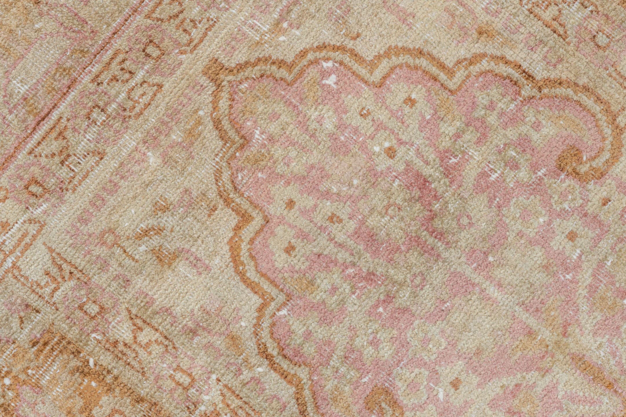 7' x 10' one-of-a-kind handmade antique Kaisary large size rug. Color palette: ivory, blush, sand, camel, taupe, rose, beige