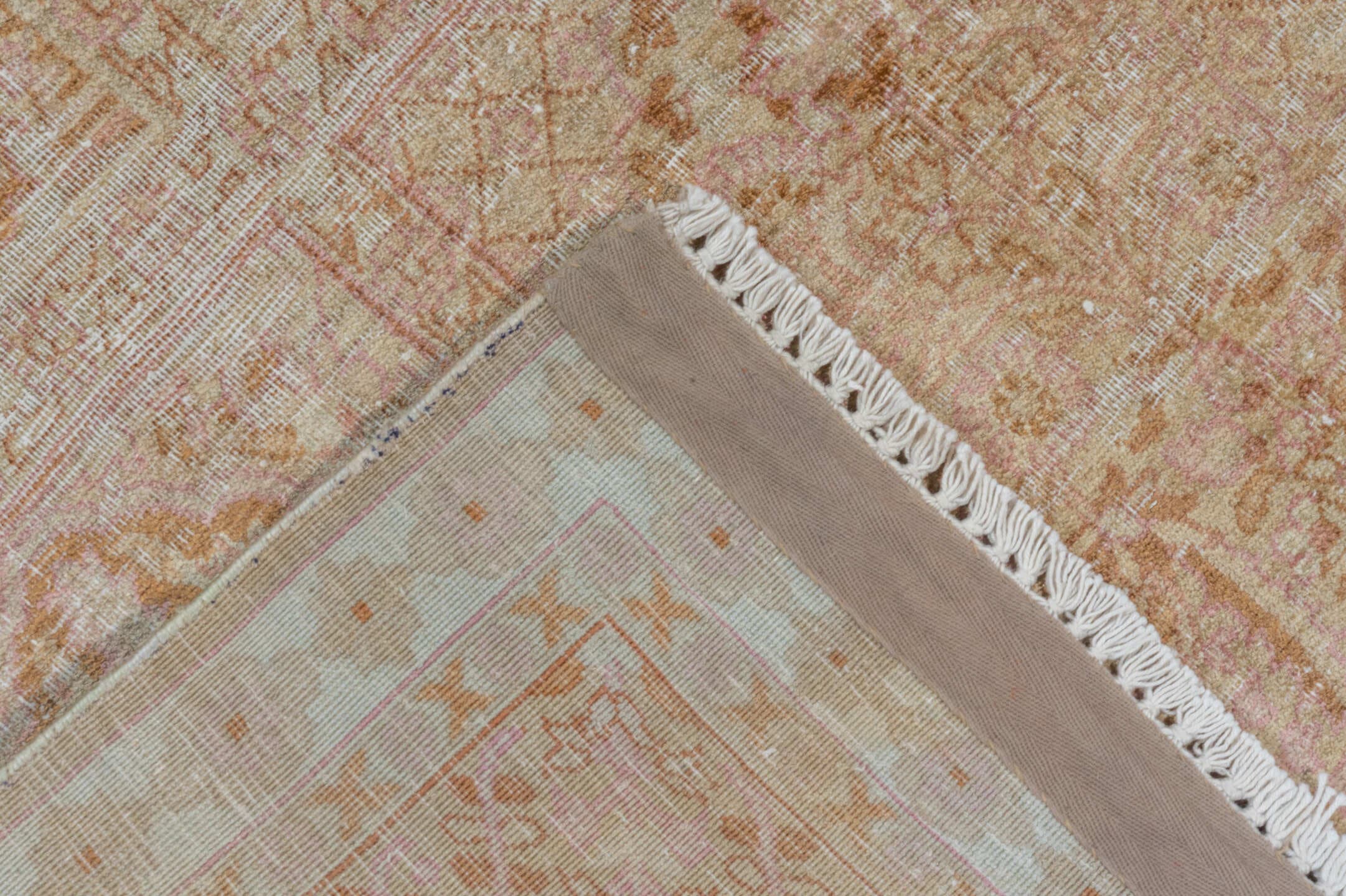 7' x 10' one-of-a-kind handmade antique Kaisary large size rug. Color palette: ivory, blush, sand, camel, taupe, rose, beige