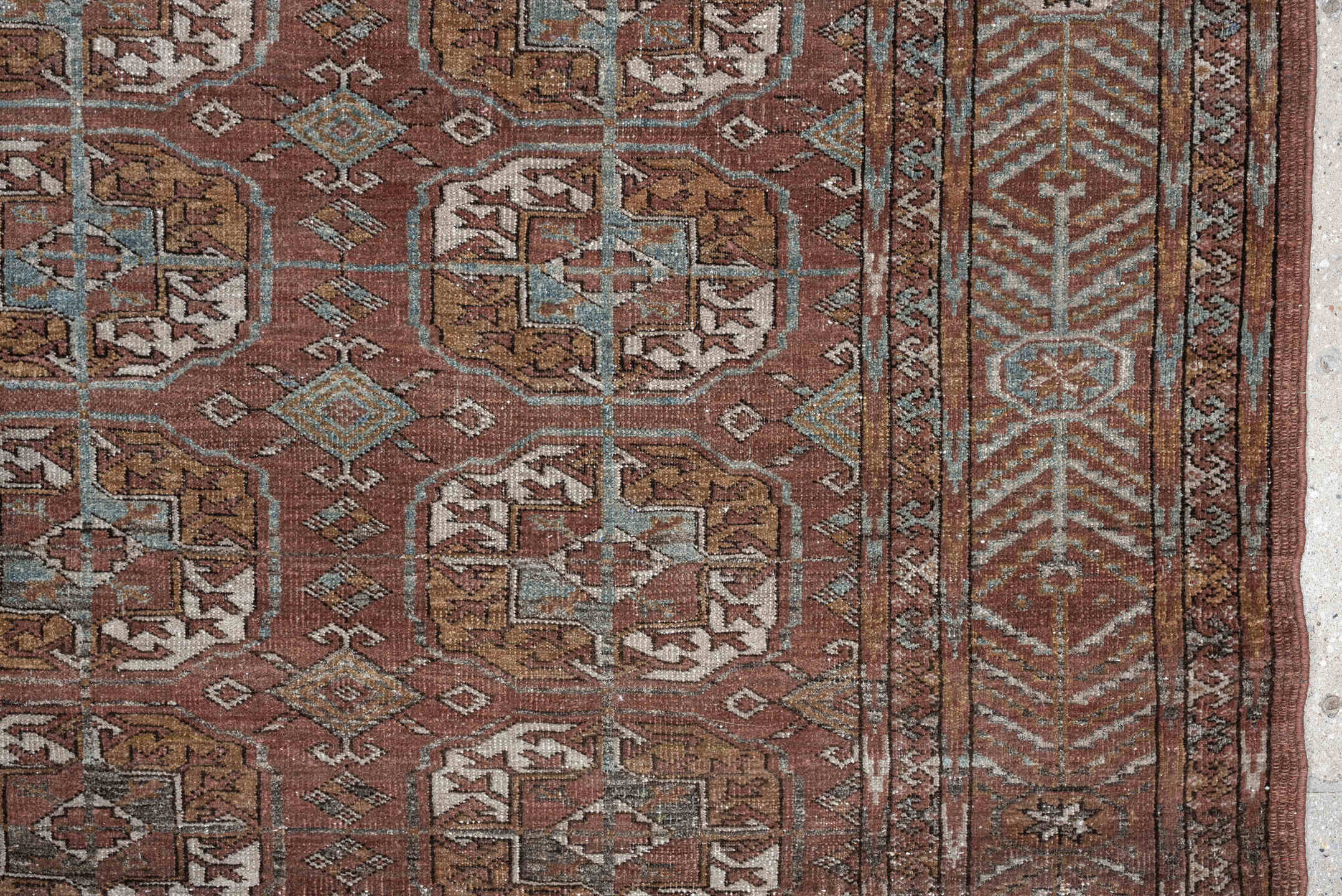 6' x 7' one-of-a-kind handmade vintage Bokara medium size rug. Color palette: rust, camel, brown, ivory, taupe, soft teal