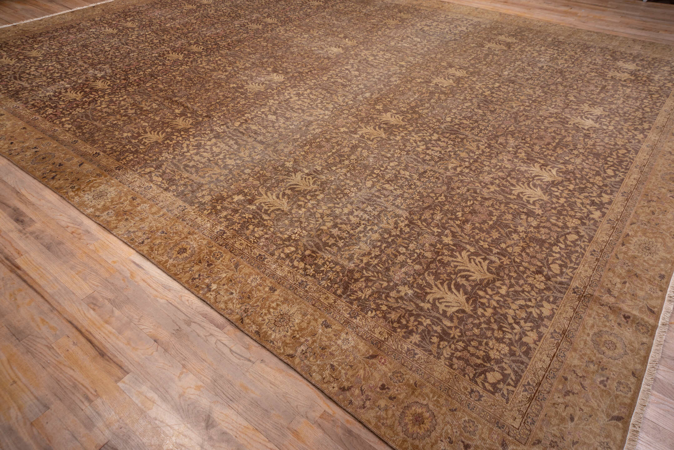 12' x 16' one-of-a-kind handmade antique Sivas oversize rug. Color palette: brown, camel, taupe, beige, ivory, rose