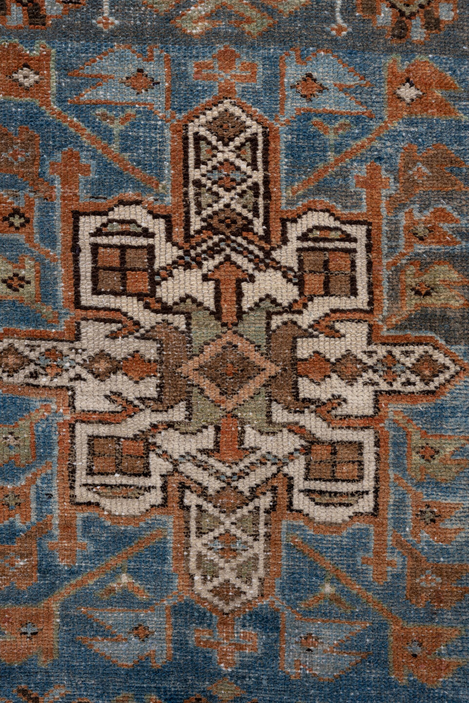 2' x 14' one-of-a-kind handmade antique Karaje runner rug. Color palette: blue, rust, ivory, brown, taupe, charcoal