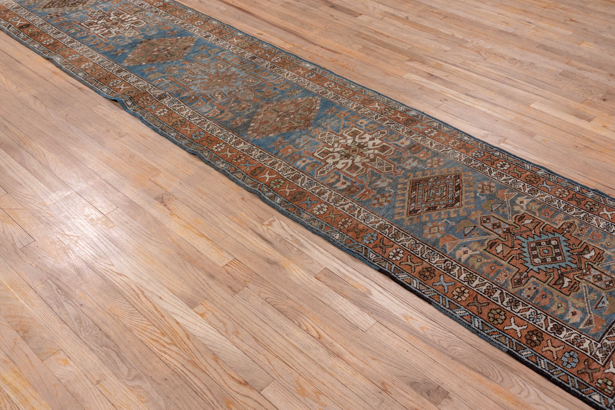 2' x 14' one-of-a-kind handmade antique Karaje runner rug. Color palette: blue, rust, ivory, brown, taupe, charcoal