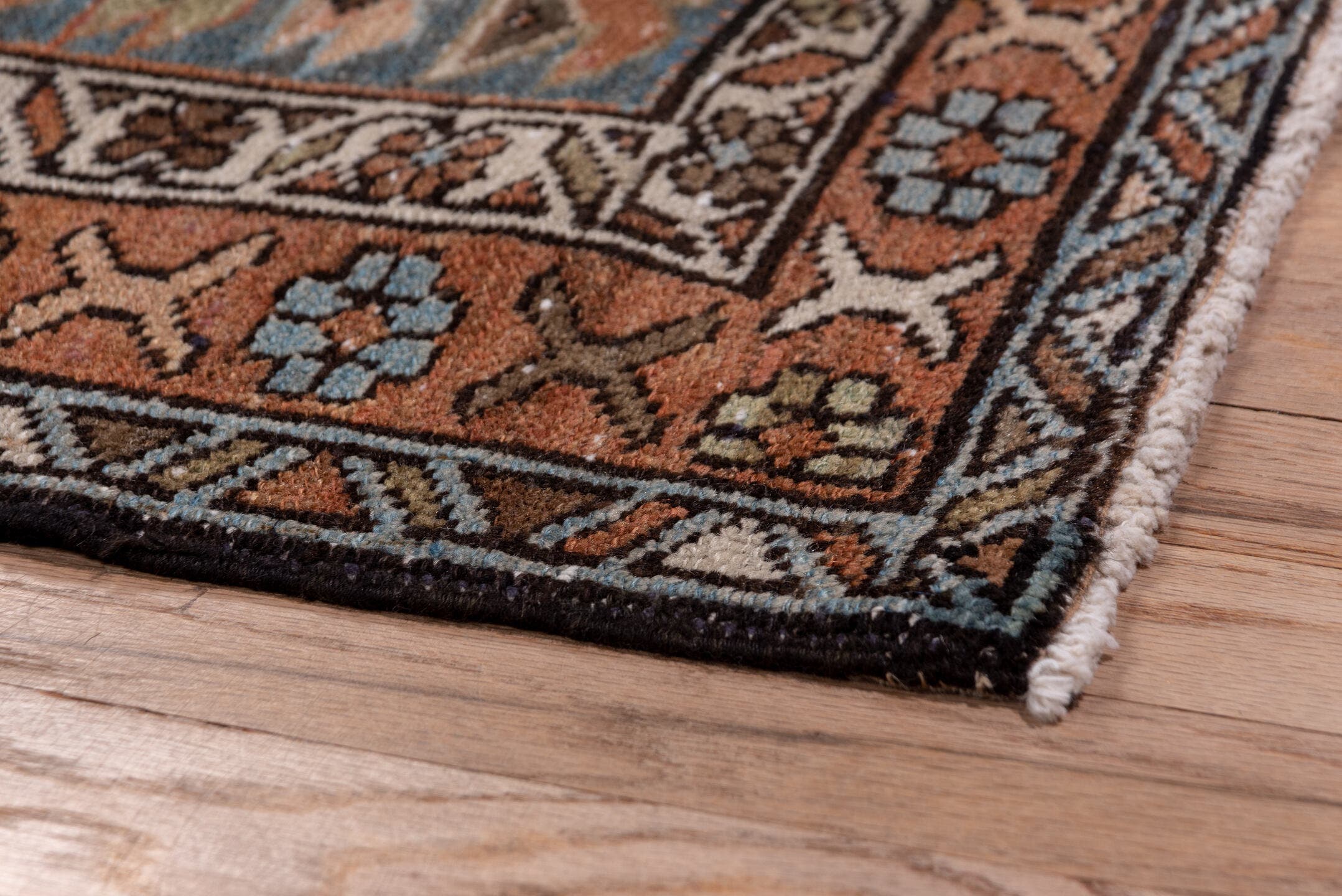 2' x 14' one-of-a-kind handmade antique Karaje runner rug. Color palette: blue, rust, ivory, brown, taupe, charcoal