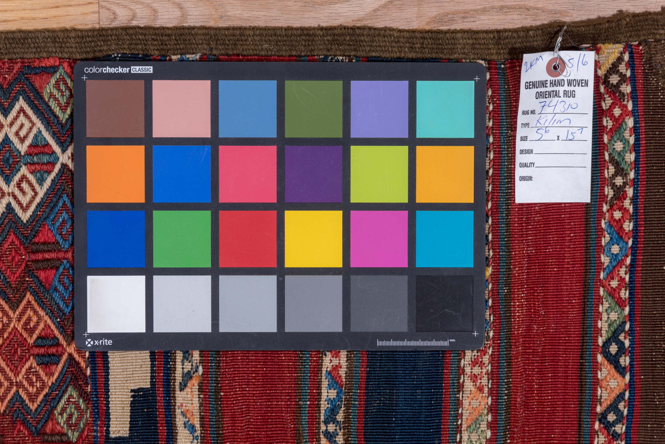 5' x 15' one-of-a-kind handmade vintage Kilim rug. Color palette: arapawa, blue, brown, gray, pink, red, slate gray