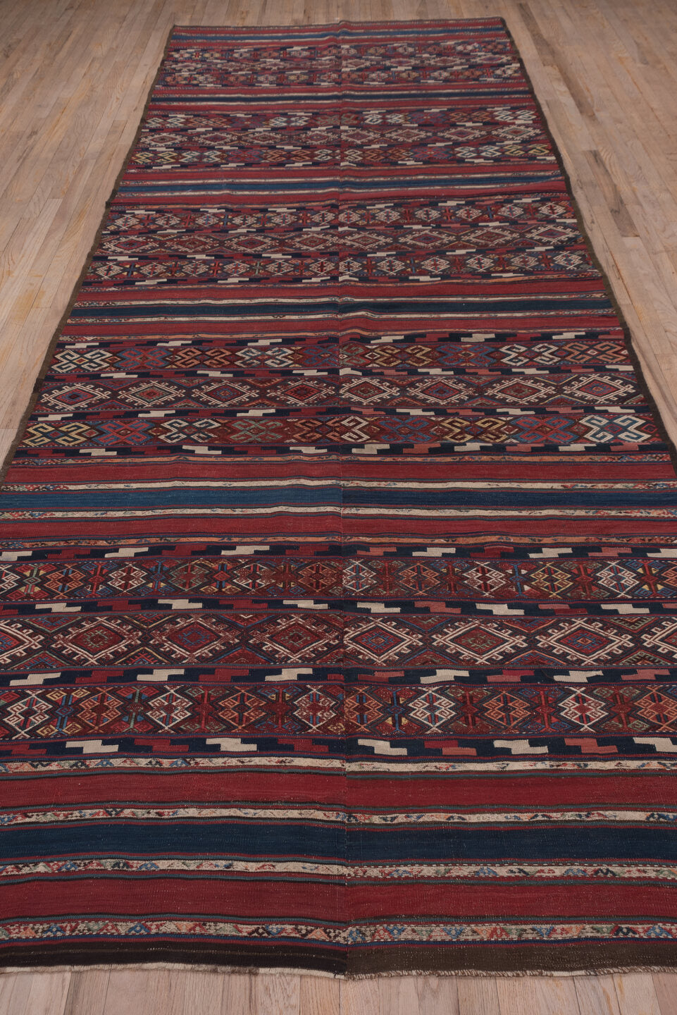5' x 15' one-of-a-kind handmade vintage Kilim rug. Color palette: arapawa, blue, brown, gray, pink, red, slate gray