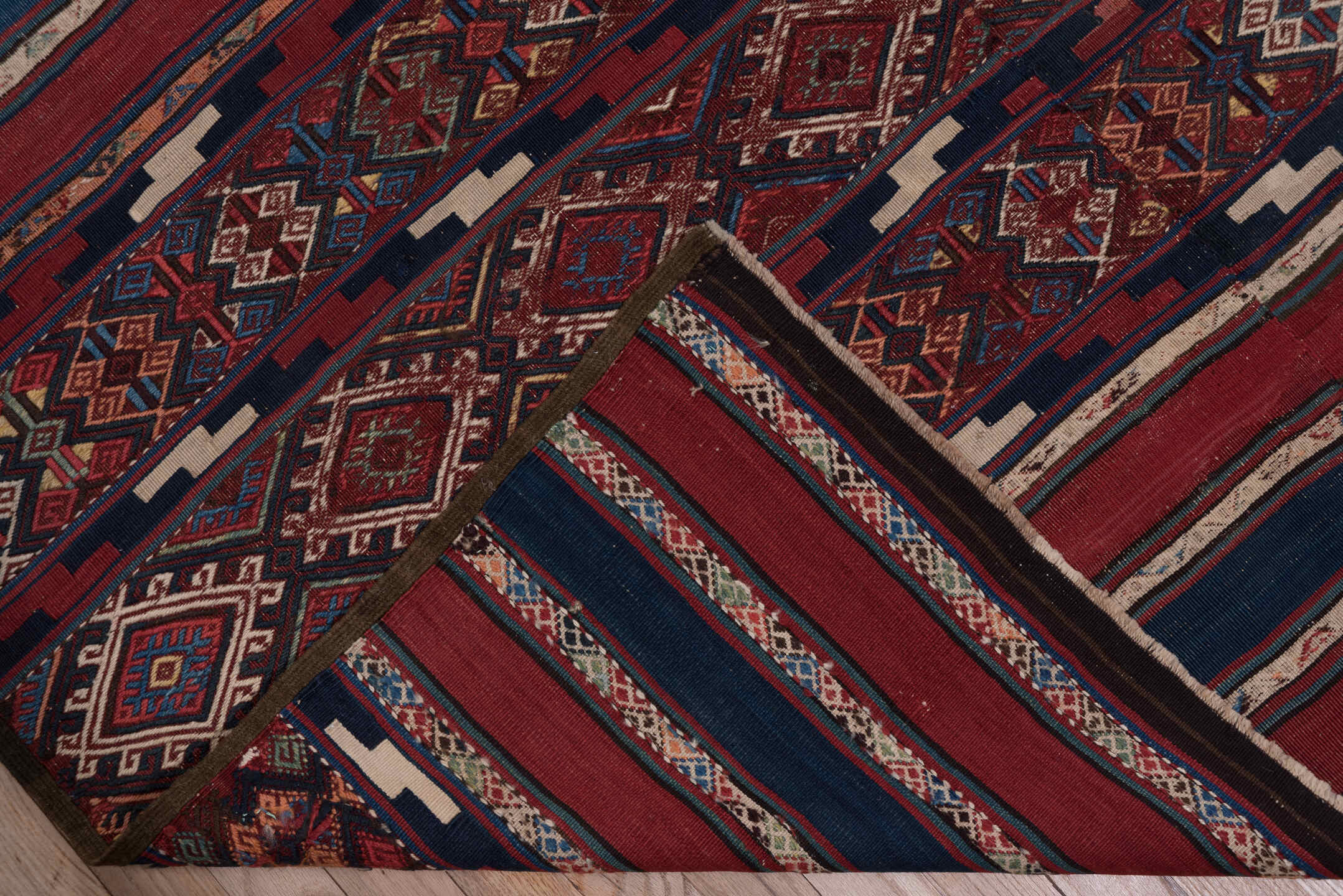 5' x 15' one-of-a-kind handmade vintage Kilim rug. Color palette: arapawa, blue, brown, gray, pink, red, slate gray