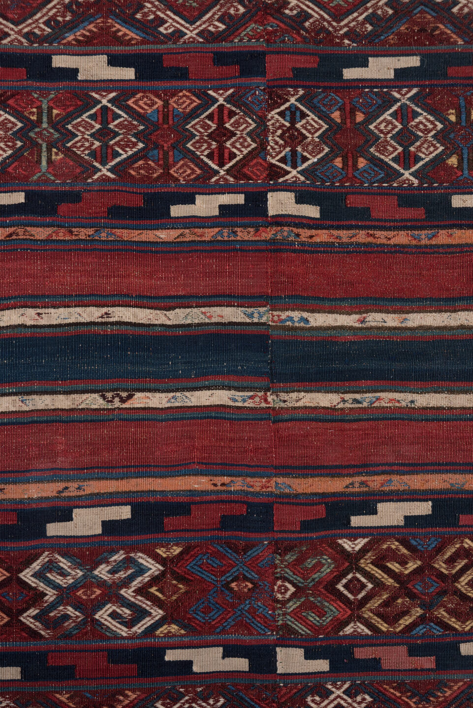 5' x 15' one-of-a-kind handmade antique Kilim rug. Color palette: rust, indigo, burgundy, ivory, navy, sienna, camel