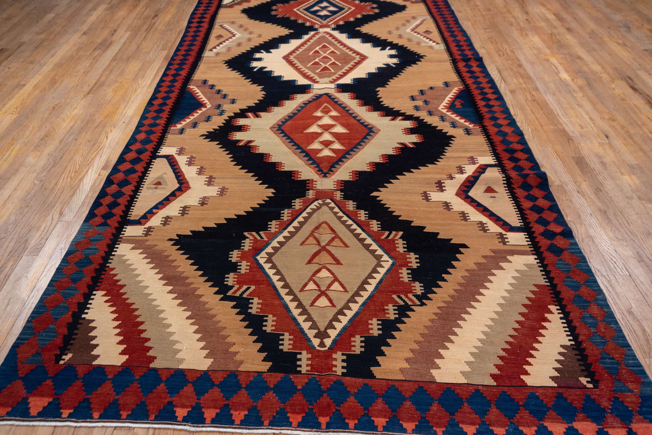 6' x 15' one-of-a-kind handmade antique Kilim rug. Color palette: ivory, navy, terracotta, taupe, rust, brown, blue, beige