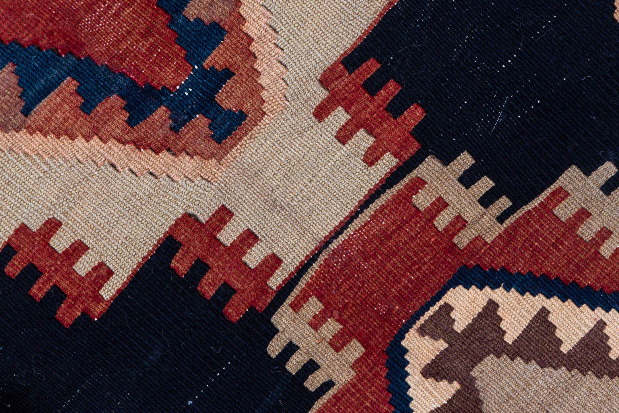 6' x 15' one-of-a-kind handmade antique Kilim rug. Color palette: ivory, navy, terracotta, taupe, rust, brown, blue, beige