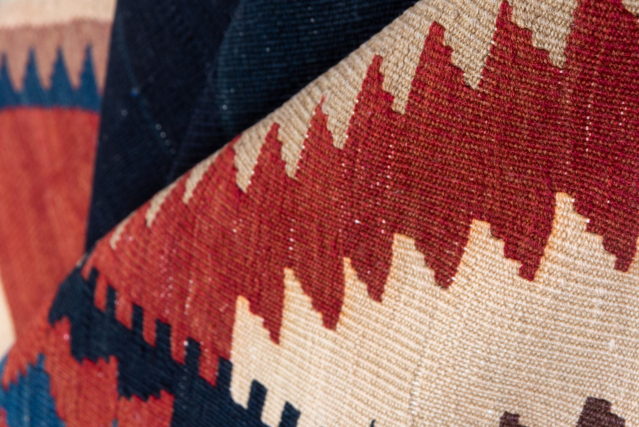 6' x 15' one-of-a-kind handmade antique Kilim rug. Color palette: ivory, navy, terracotta, taupe, rust, brown, blue, beige