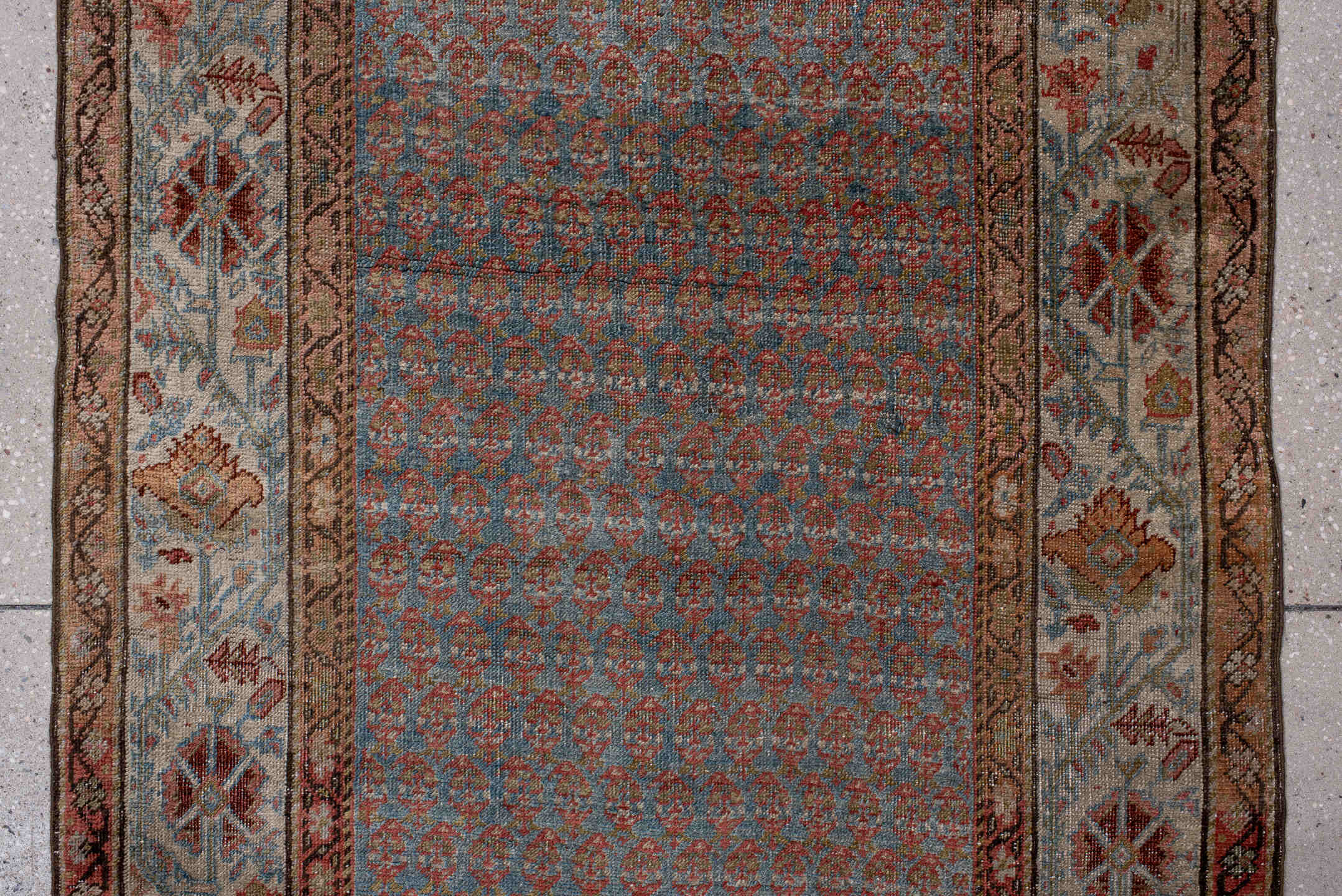 3' x 16' one-of-a-kind handmade vintage Bidjar runner rug. Color palette: black, blue, brown, dim gray, gray, honeydew